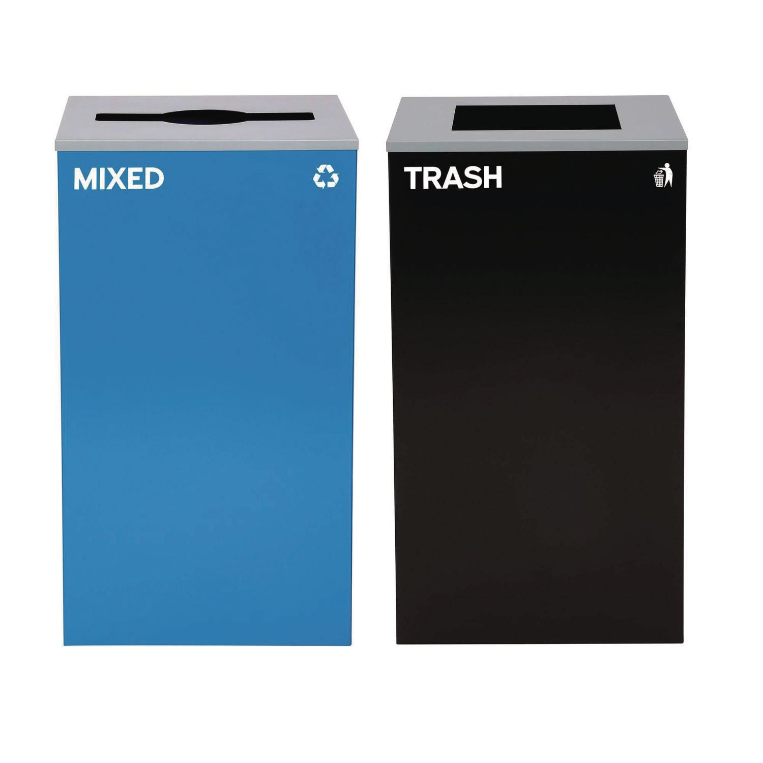 29 Gallon Trash/Recycling Cans, Steel, Blue Mixed Recycling with Mixed Lid, Black Trash Can with Square Lid