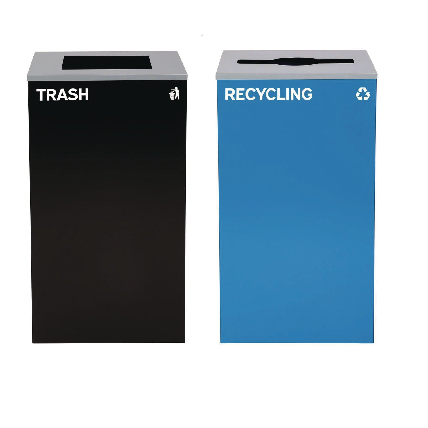 29 Gallon Trash/Recycling Cans, Steel, Blue Recycling with Mixed Lid, Black Trash Can with Square Lid