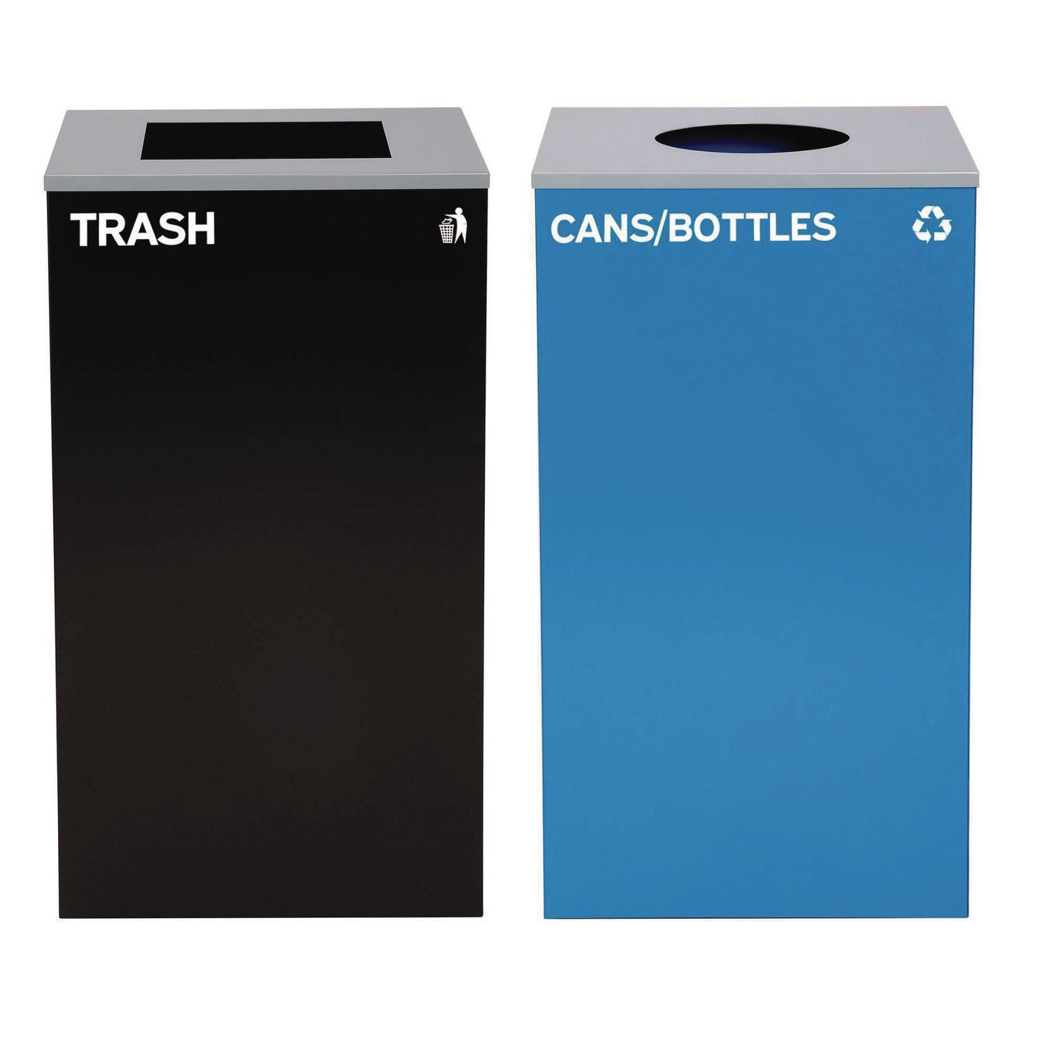 29 Gallon Trash/Recycling Cans, Steel, Blue Cans/Bottles Recycling with Circle Lid, Black Trash Can with Square Lid