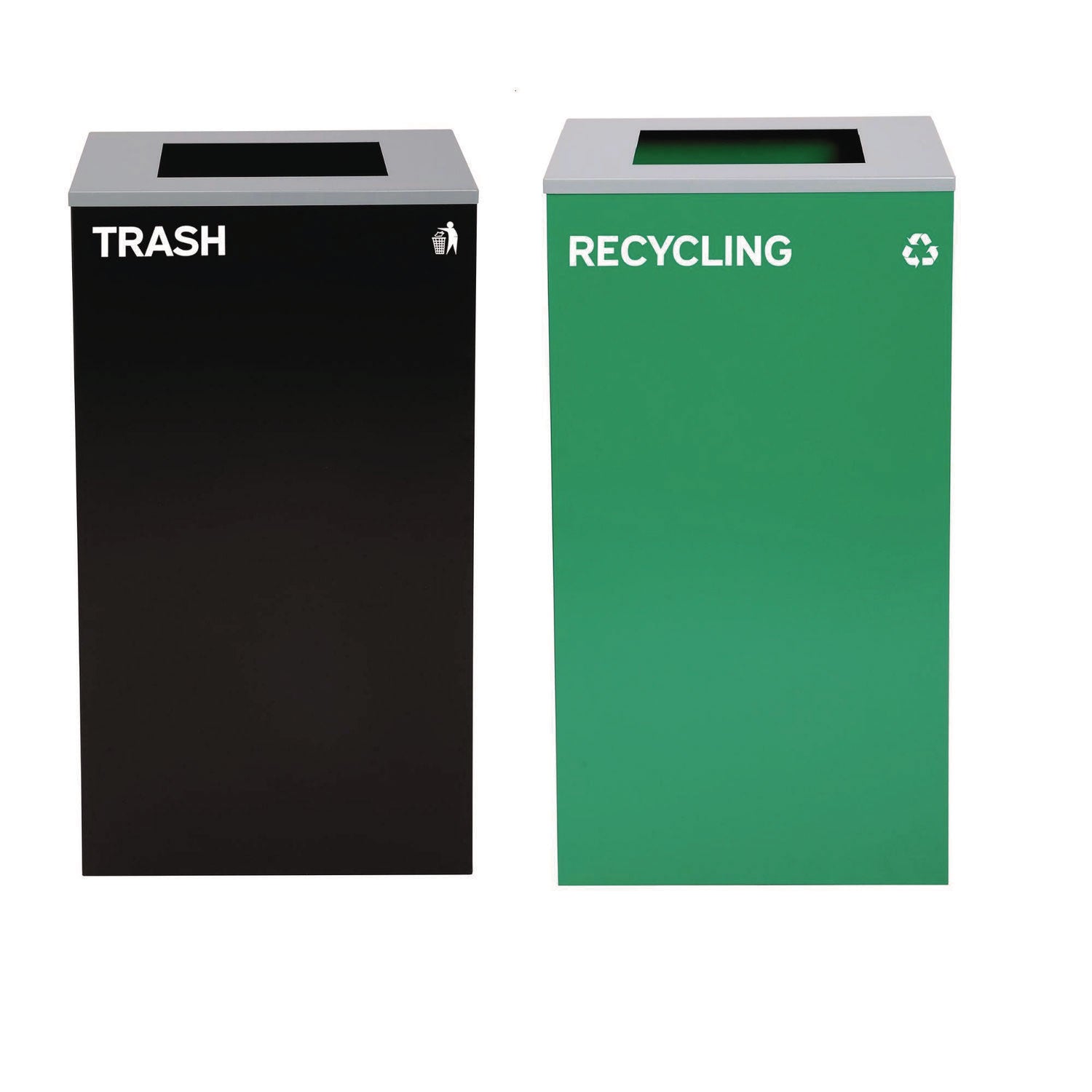 29 Gallon Trash/Recycling Cans, Steel, Green Recycling Can with Square Lid, Black Trash Can with Square Lid