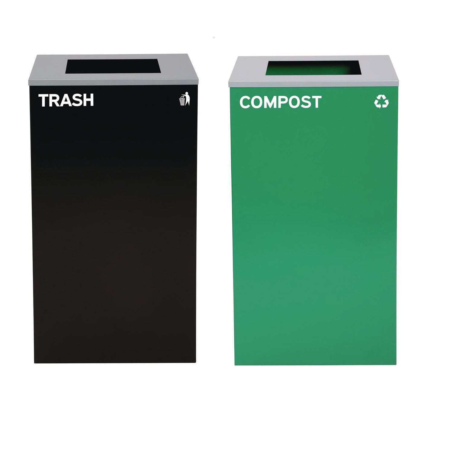 29 Gallon Trash/Recycling Cans, Steel, Green Compost Can with Square Lid, Black Trash Can with Square Lid