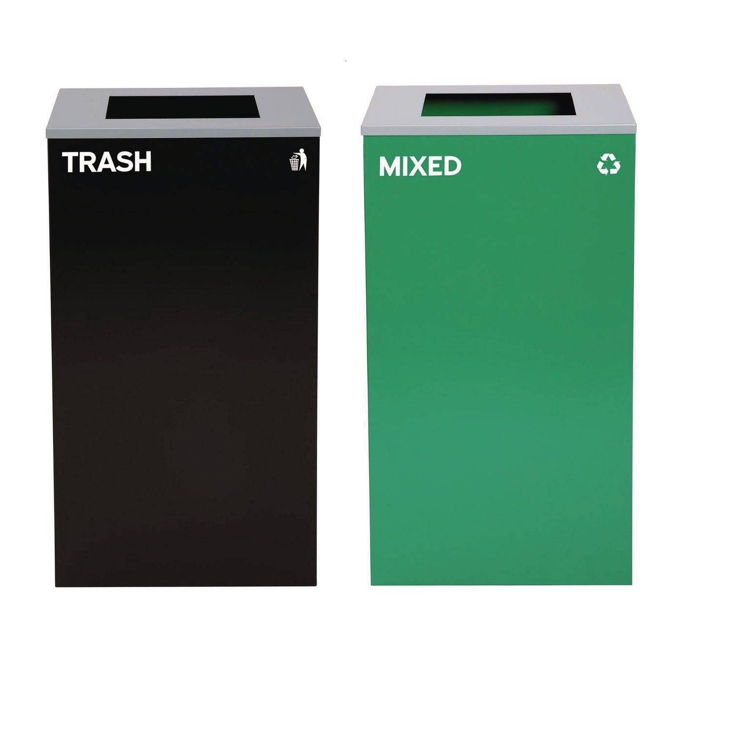 29 Gallon Trash/Recycling Cans, Steel, Green Mixed Recycling Can with Square Lid, Black Trash Can with Square Lid