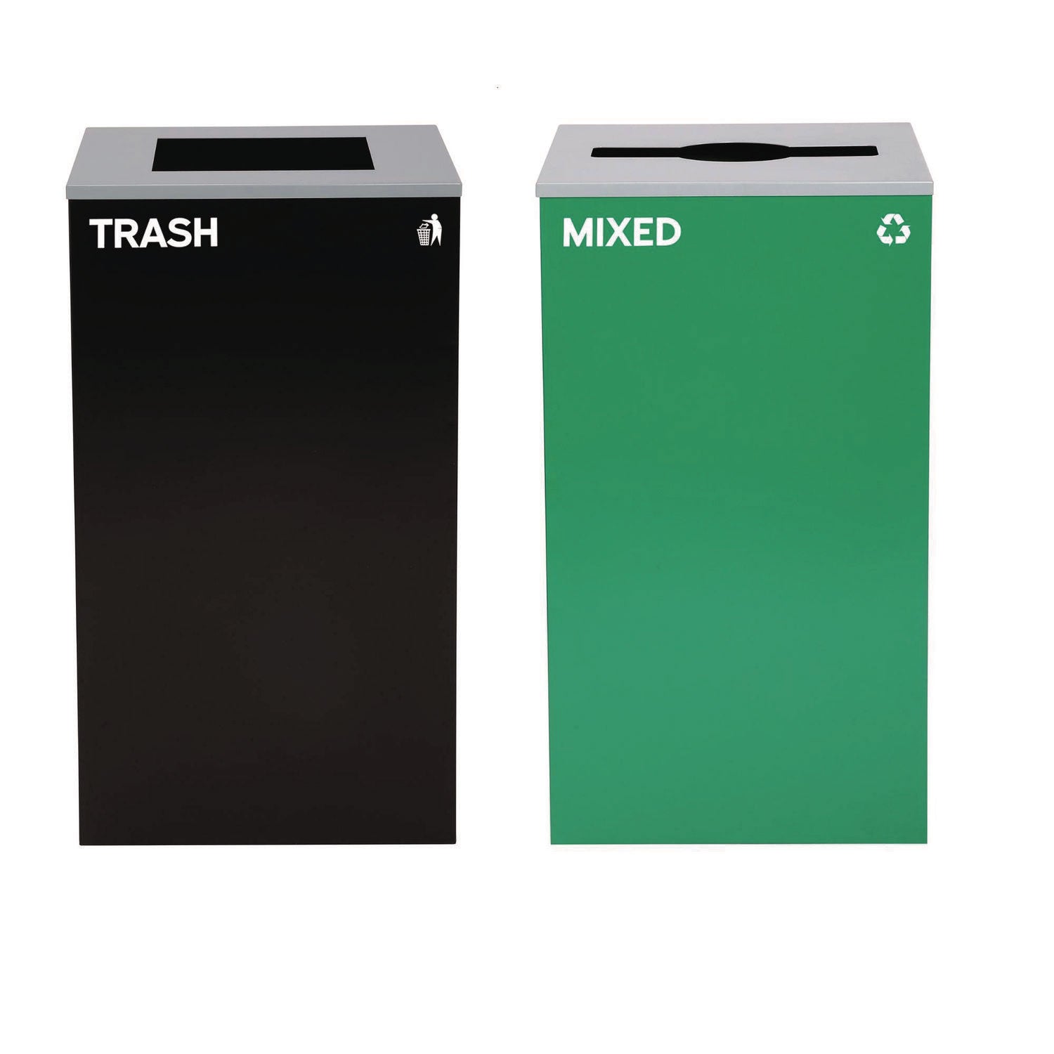 29 Gallon Trash/Recycling Cans, Steel, Green Mixed Recycling Can with Mixed Lid, Black Trash Can with Square Lid