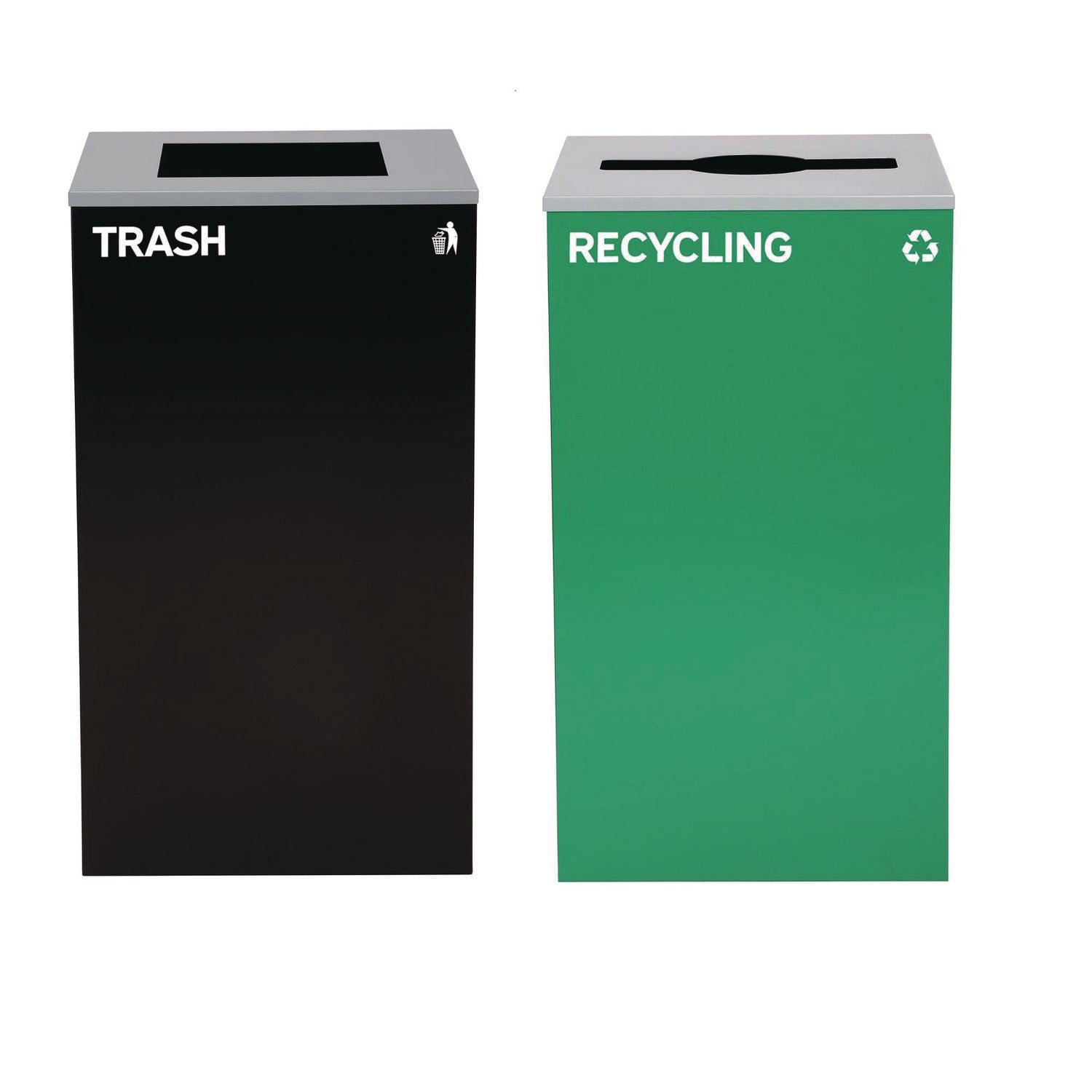 29 Gallon Trash/Recycling Cans, Steel, Green Recycling Can with Mixed Lid, Black Trash Can with Square Lid