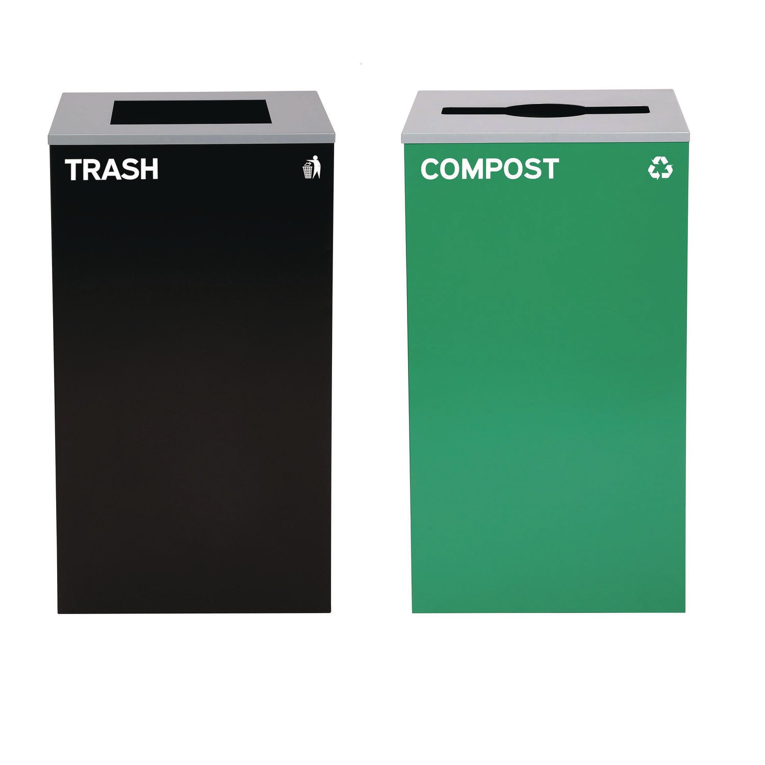 29 Gallon Trash/Recycling Cans, Steel, Green Compost Can with Mixed Lid, Black Trash Can with Square Lid