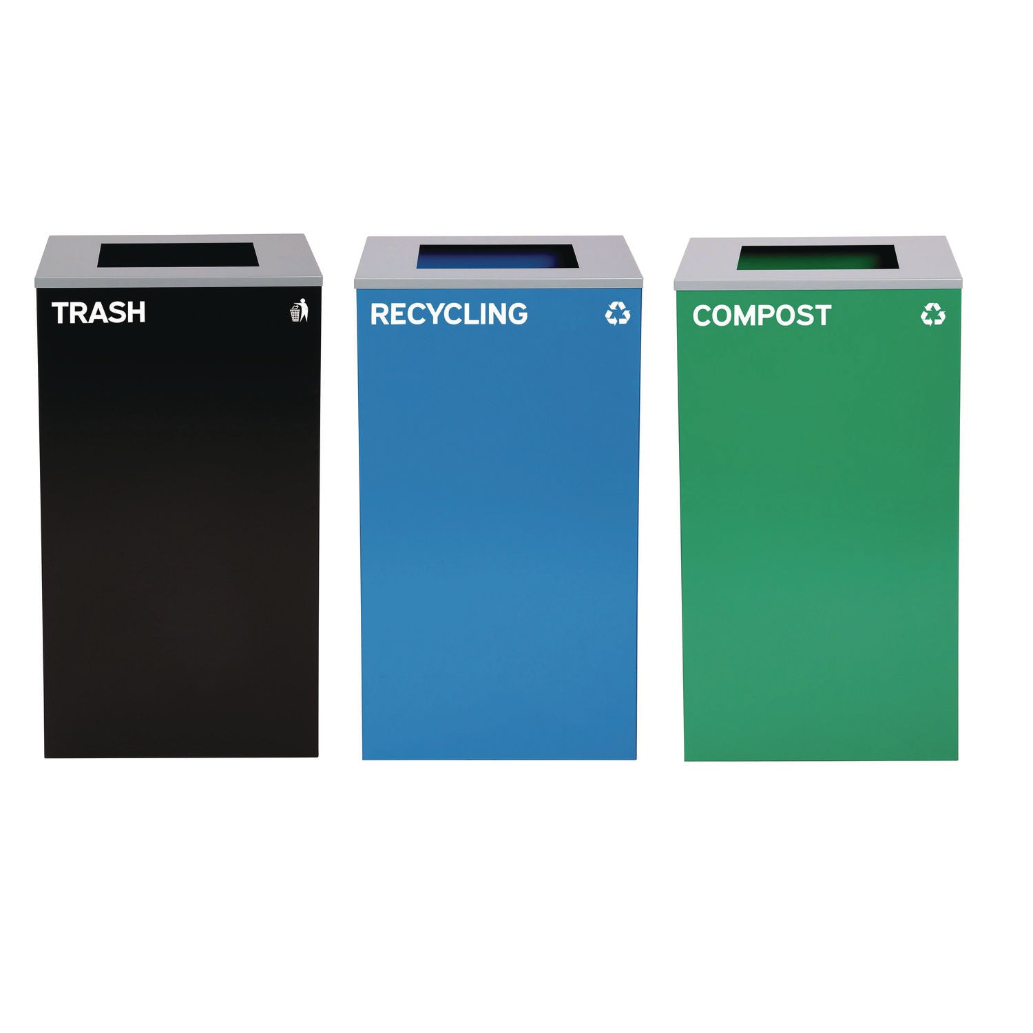 29 Gallon Trash/Recycling Cans, Steel, Blue Recycling Can, Green Compost Can, Black Trash Can with Square Lids