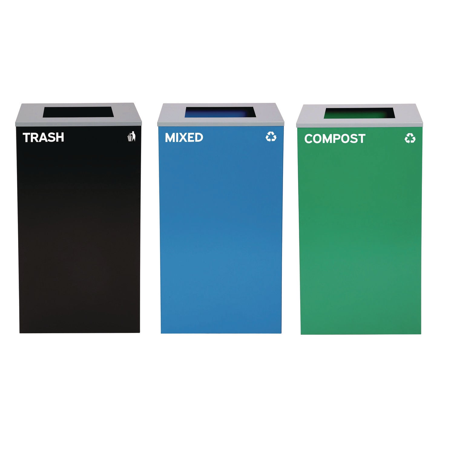 29 Gallon Trash/Recycling Cans, Steel, Blue Mixed Recycling Can, Green Compost Can, Black Trash Can with Square Lids