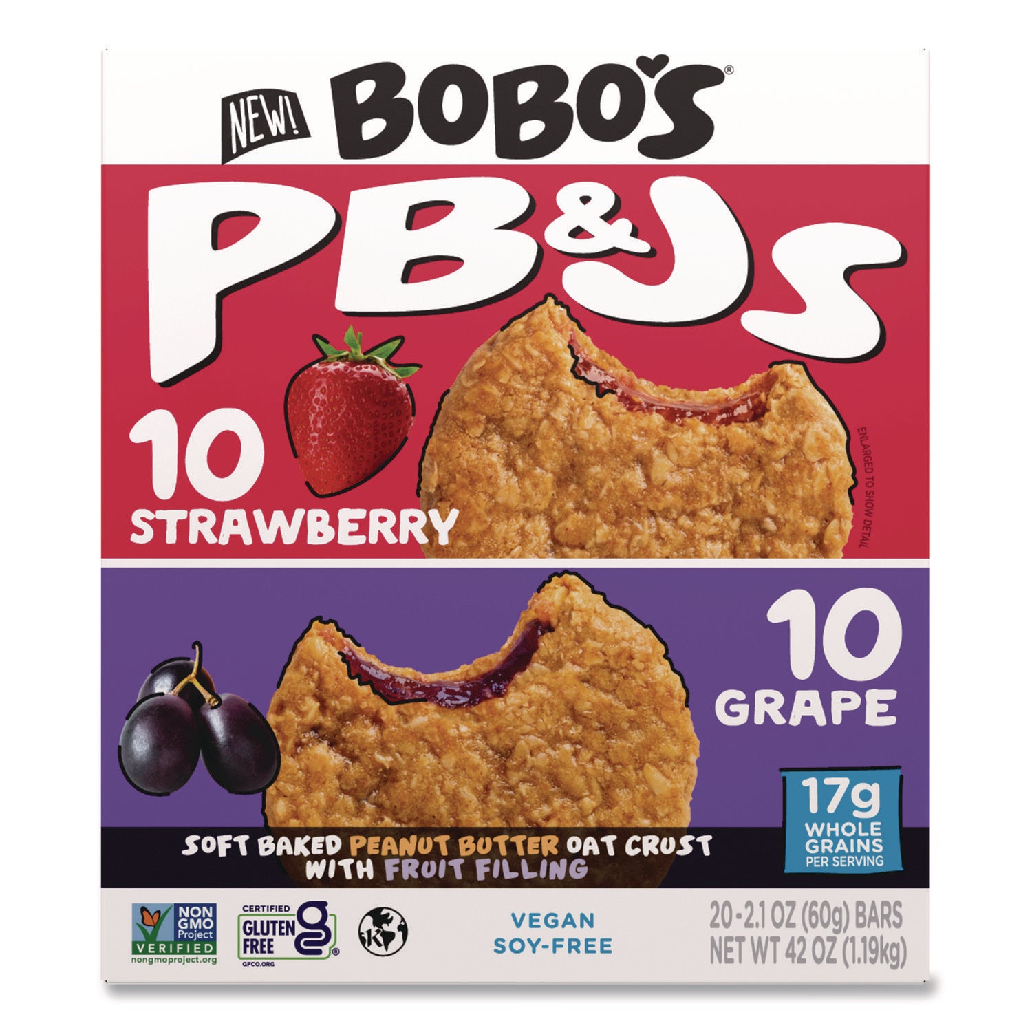 Bobo's PB and J Variety Pack, Peanut Butter/Grape and Peanut Butter/Strawberry, 2.1 oz Bar, 12/Box