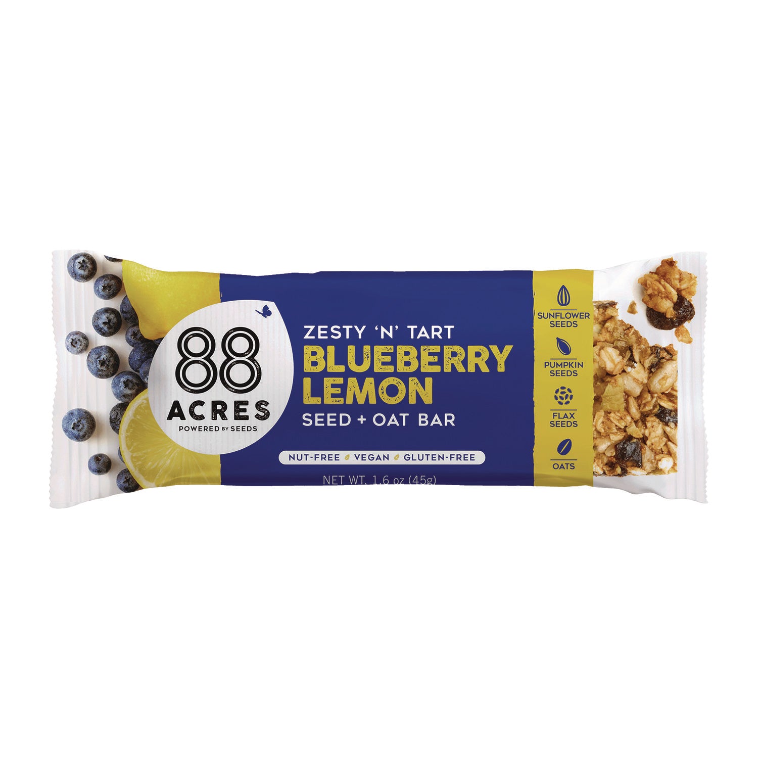 88 ACRES Warm 'N Chewey Gluten-Free Blueberry/Lemon Seed and Oat Bar, 1.6 oz Bar, 9/Box