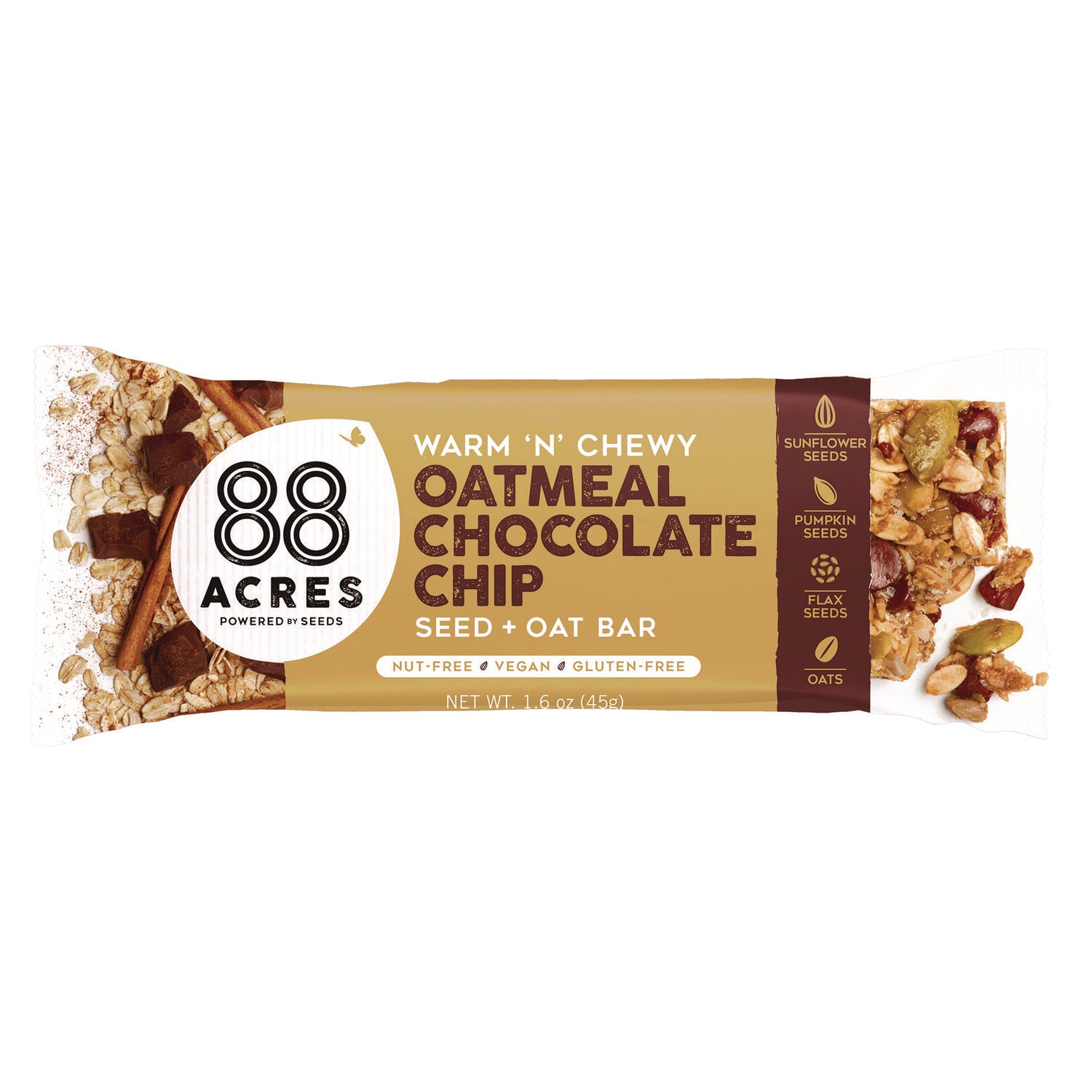 88 ACRES Warm 'N Chewy Gluten-Free Oatmeal/Chocolate Chip Seed and Oat Bar, 1.6 oz Bar, 9/Box