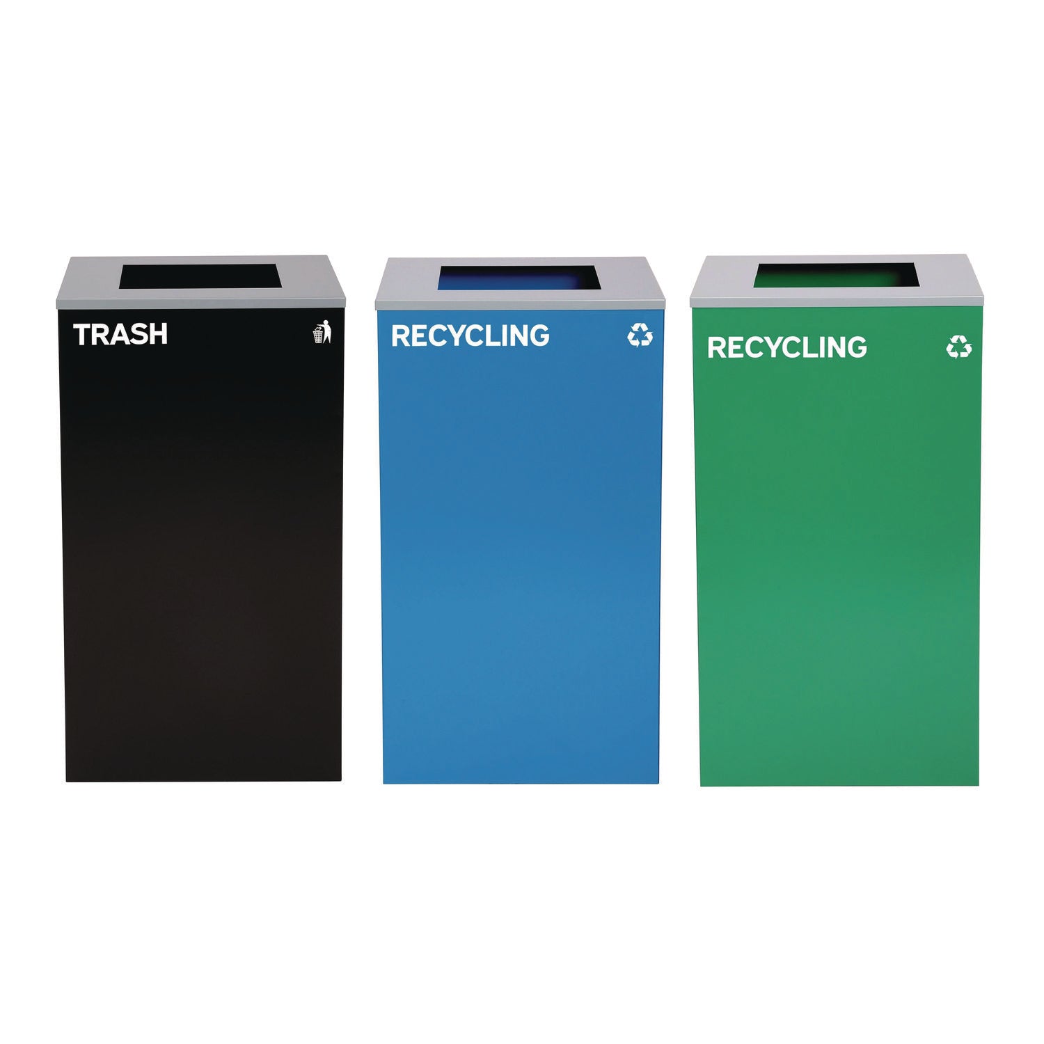 29 Gallon Trash/Recycling Cans, Steel, Blue Recycling Can, Green Recycling Can, Black Trash Can with Square Lids