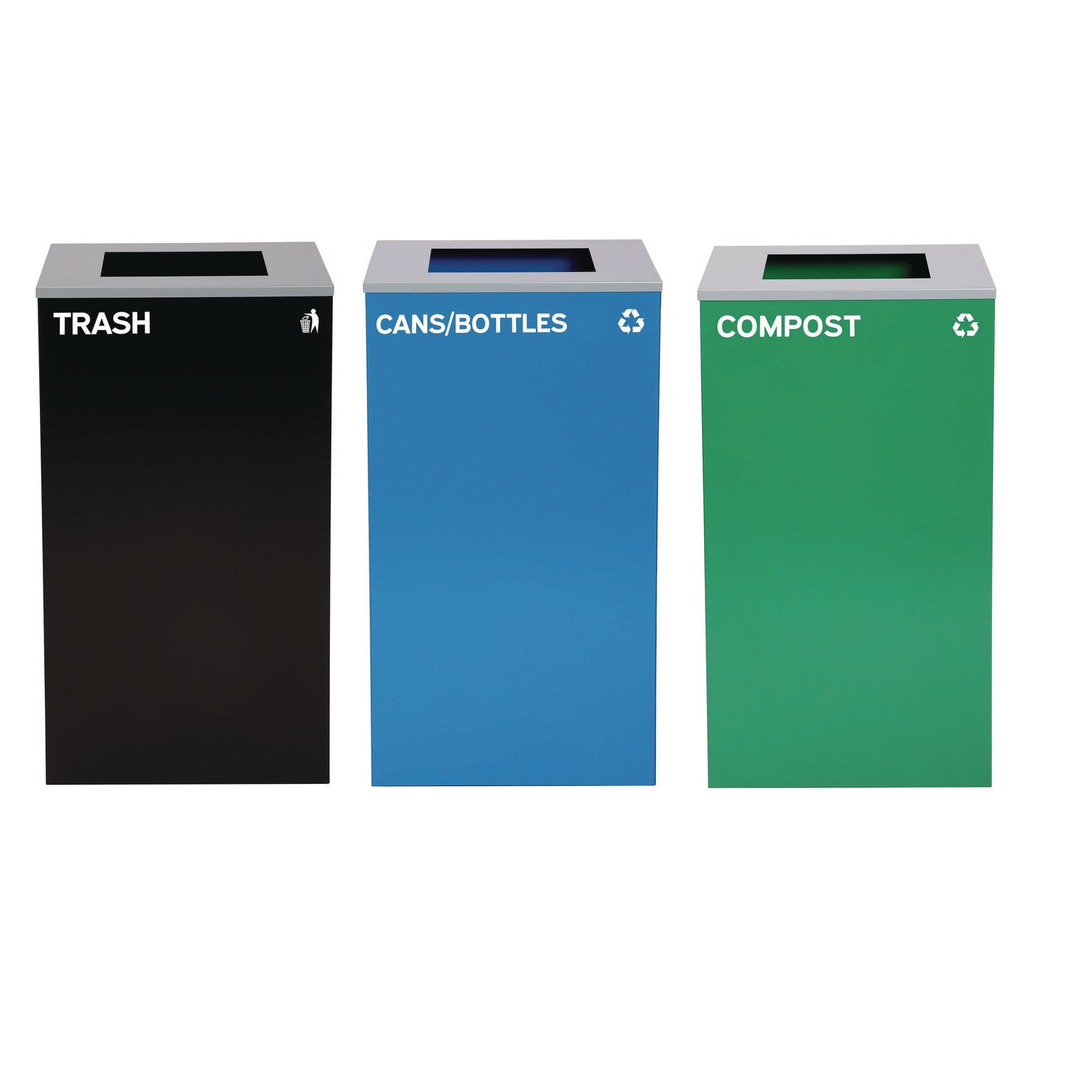 29 Gallon Trash/Recycling Cans, Steel, Blue Cans/Bottles Recycling Can, Green Compost Can, Black Trash Can with Square Lids