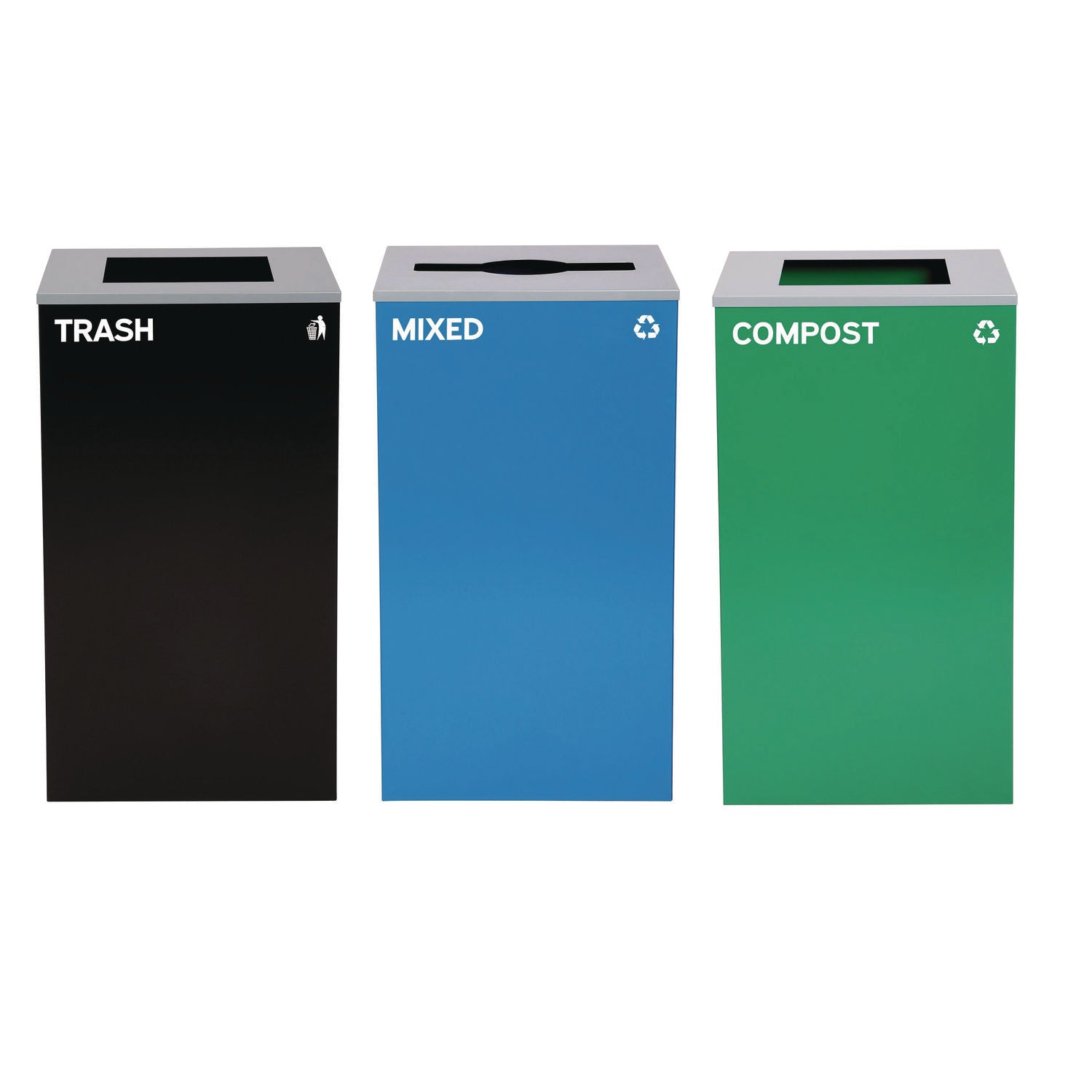 29 Gallon Trash/Recycling Cans, Steel, Blue Mixed Recycling Can w/Mixed Lid, Green Compost and Black Trash Cans w/Square Lids