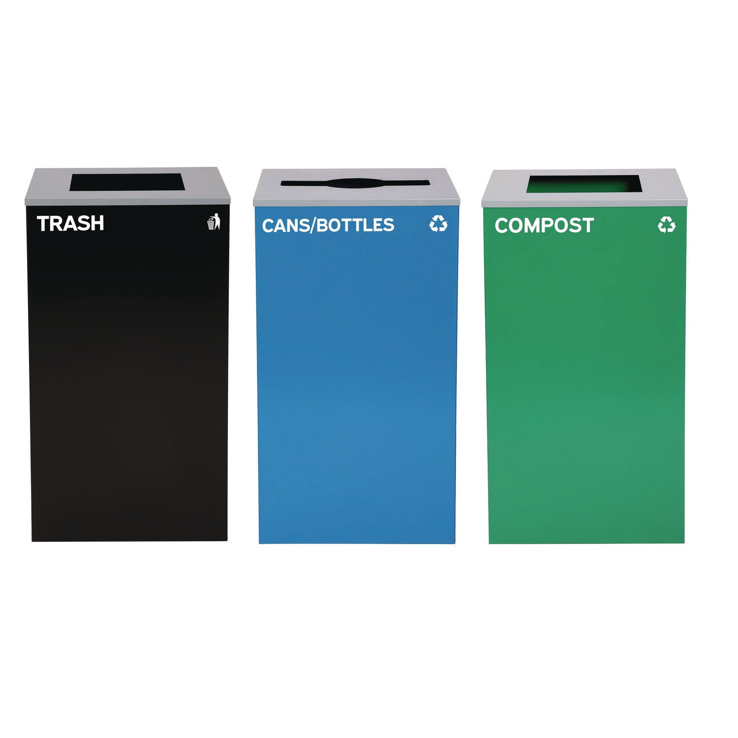 29 Gallon Trash/Recycling Cans, Steel, Blue Cans/Bottles Recycling Can w/Mixed Lid, Green Compost and Black Trash w/Sq Lid