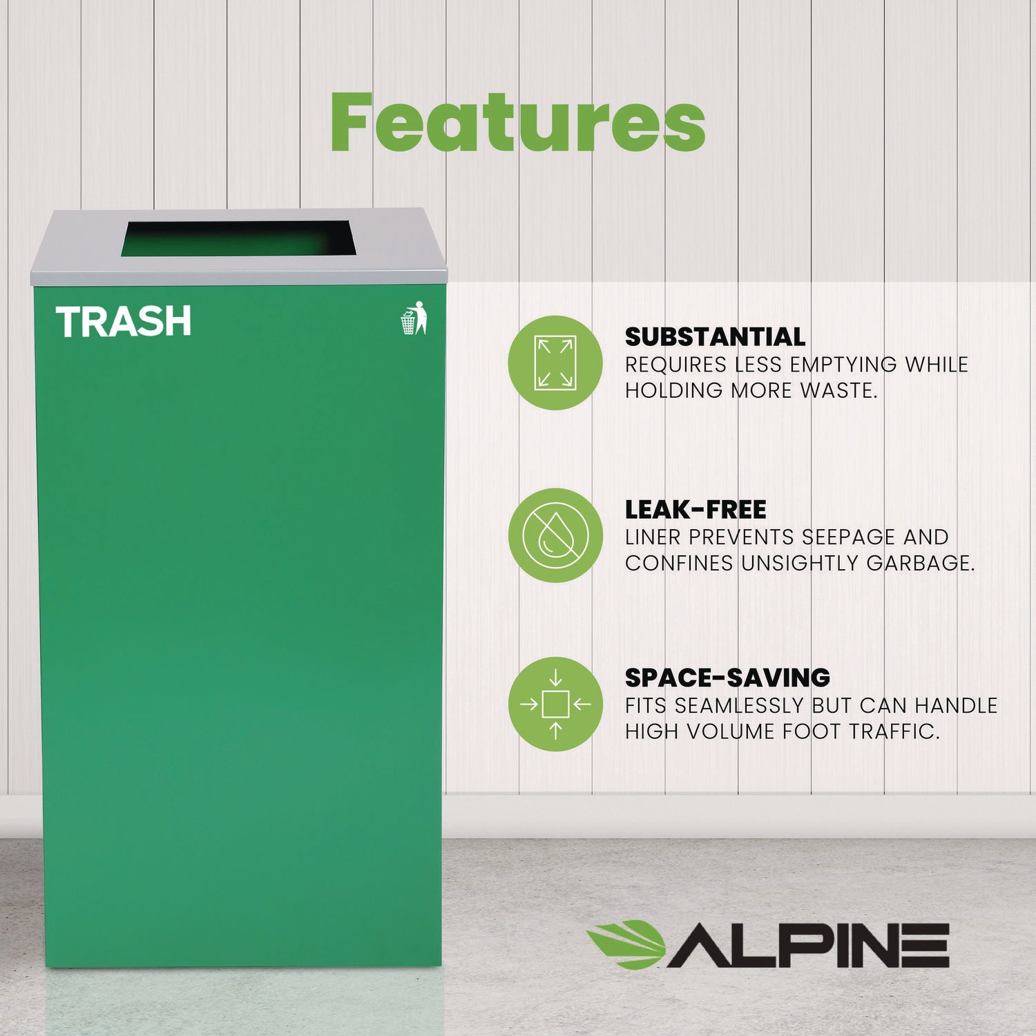 29 Gallon Trash/Recycling Cans, Steel, Green Trash Can with Square Lid Alpine Industries Flipcost