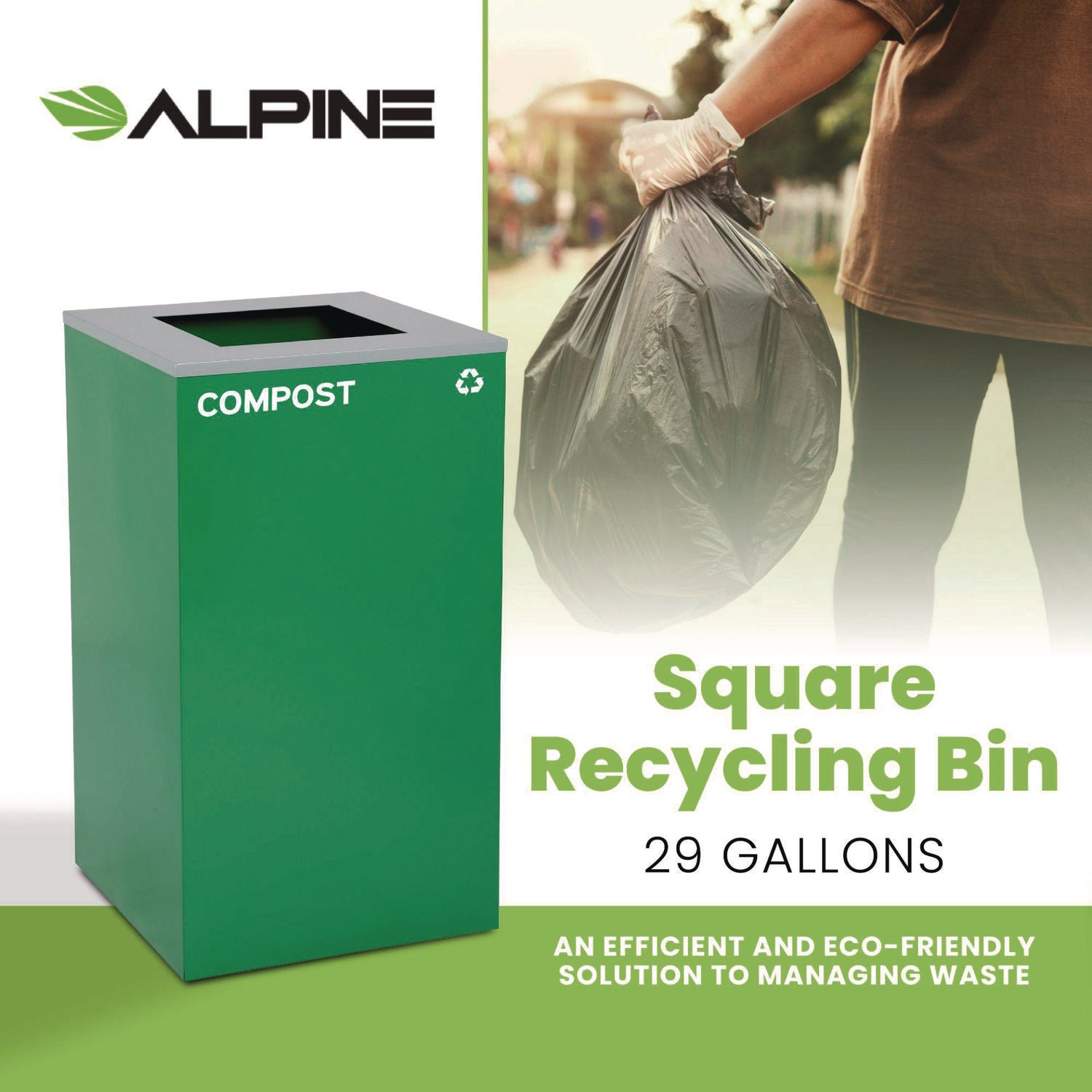 29 Gallon Trash/Recycling Cans, Steel, Green Compost Can with Square Lid Alpine Industries Flipcost