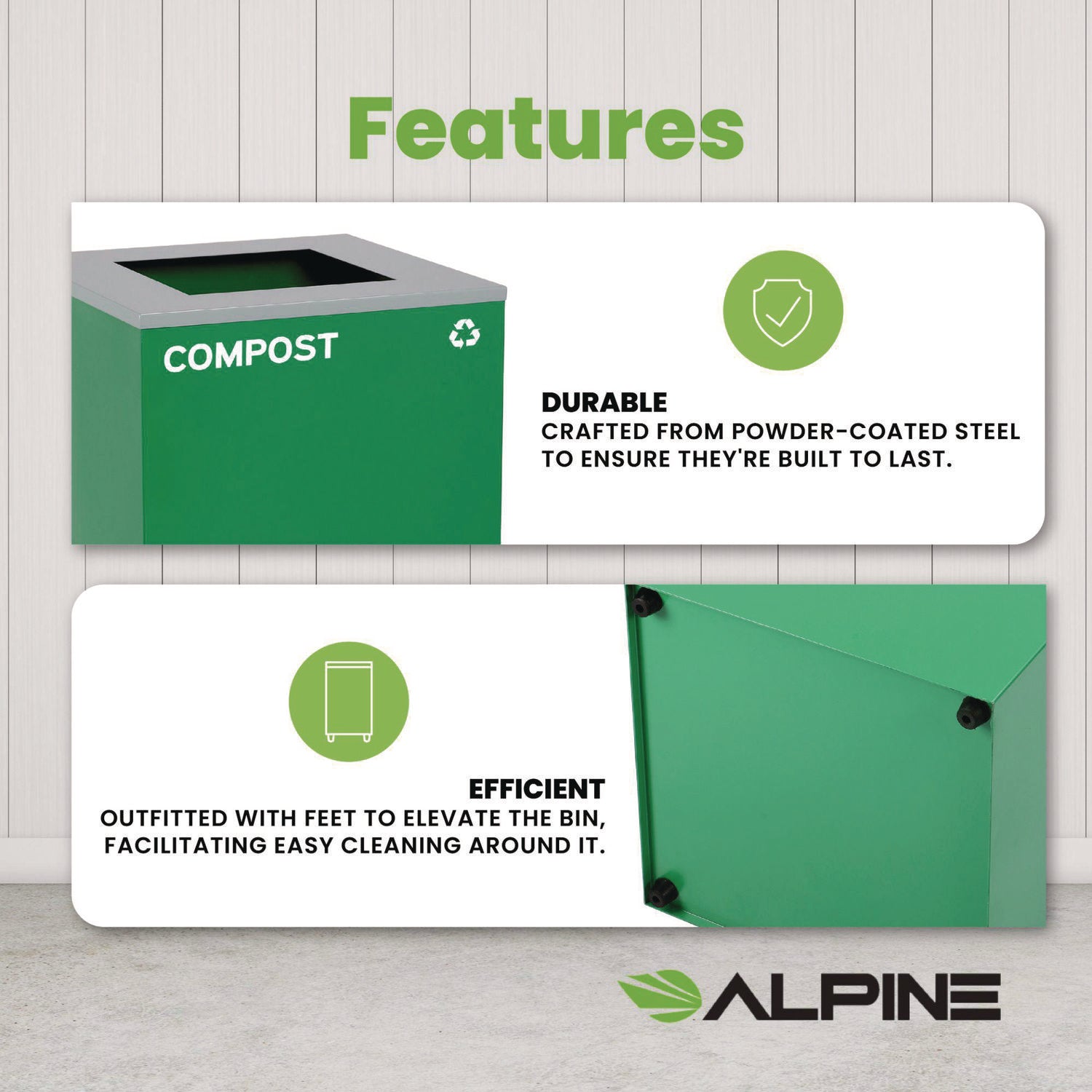 29 Gallon Trash/Recycling Cans, Steel, Green Compost Can with Square Lid Alpine Industries Flipcost