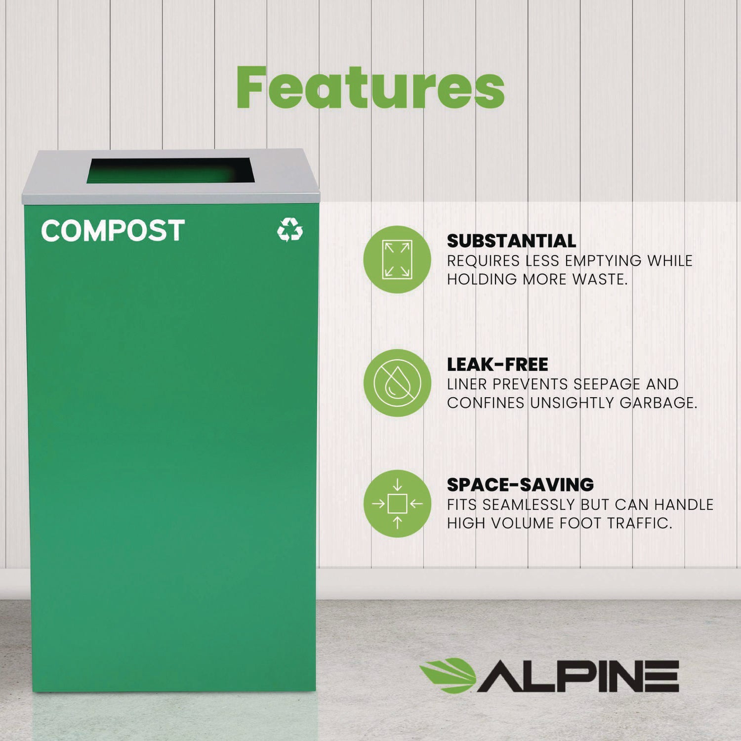 29 Gallon Trash/Recycling Cans, Steel, Green Compost Can with Square Lid Alpine Industries Flipcost