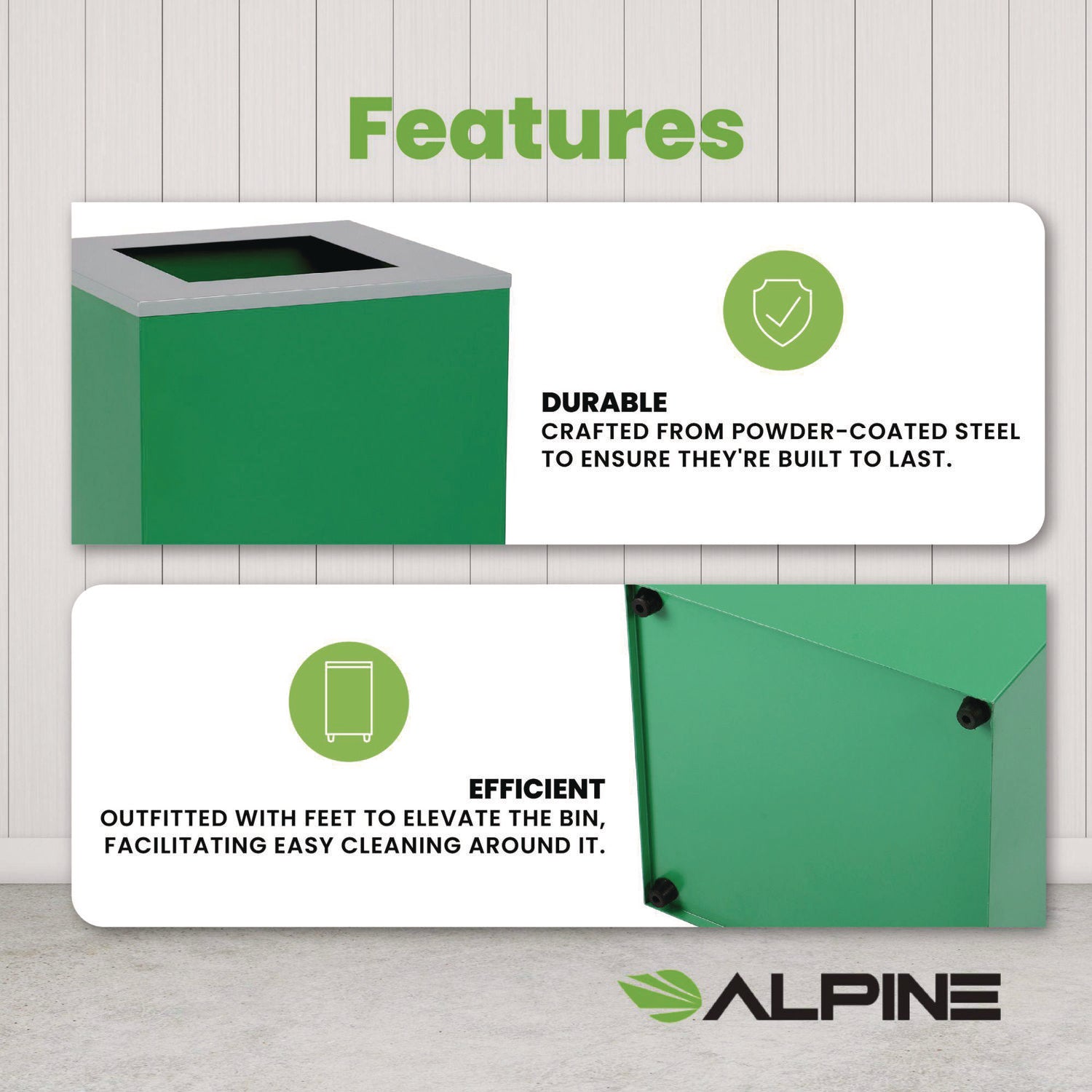 29 Gallon Trash/Recycling Cans, Steel, Green Can with Square Lid Alpine Industries Flipcost