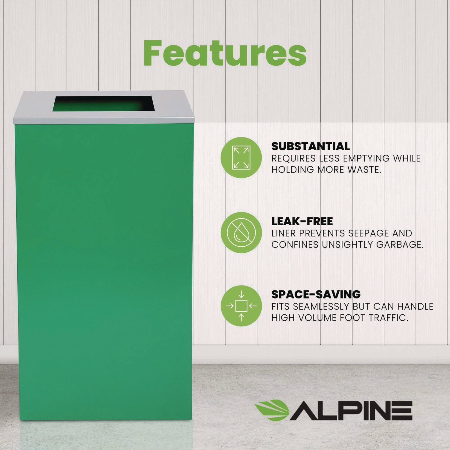 29 Gallon Trash/Recycling Cans, Steel, Green Can with Square Lid Alpine Industries Flipcost