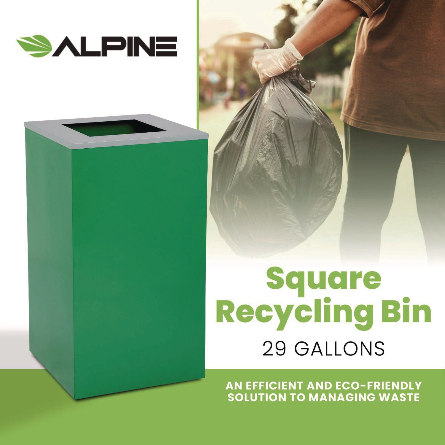 29 Gallon Trash/Recycling Cans, Steel, Green Can with Square Lid Alpine Industries Flipcost