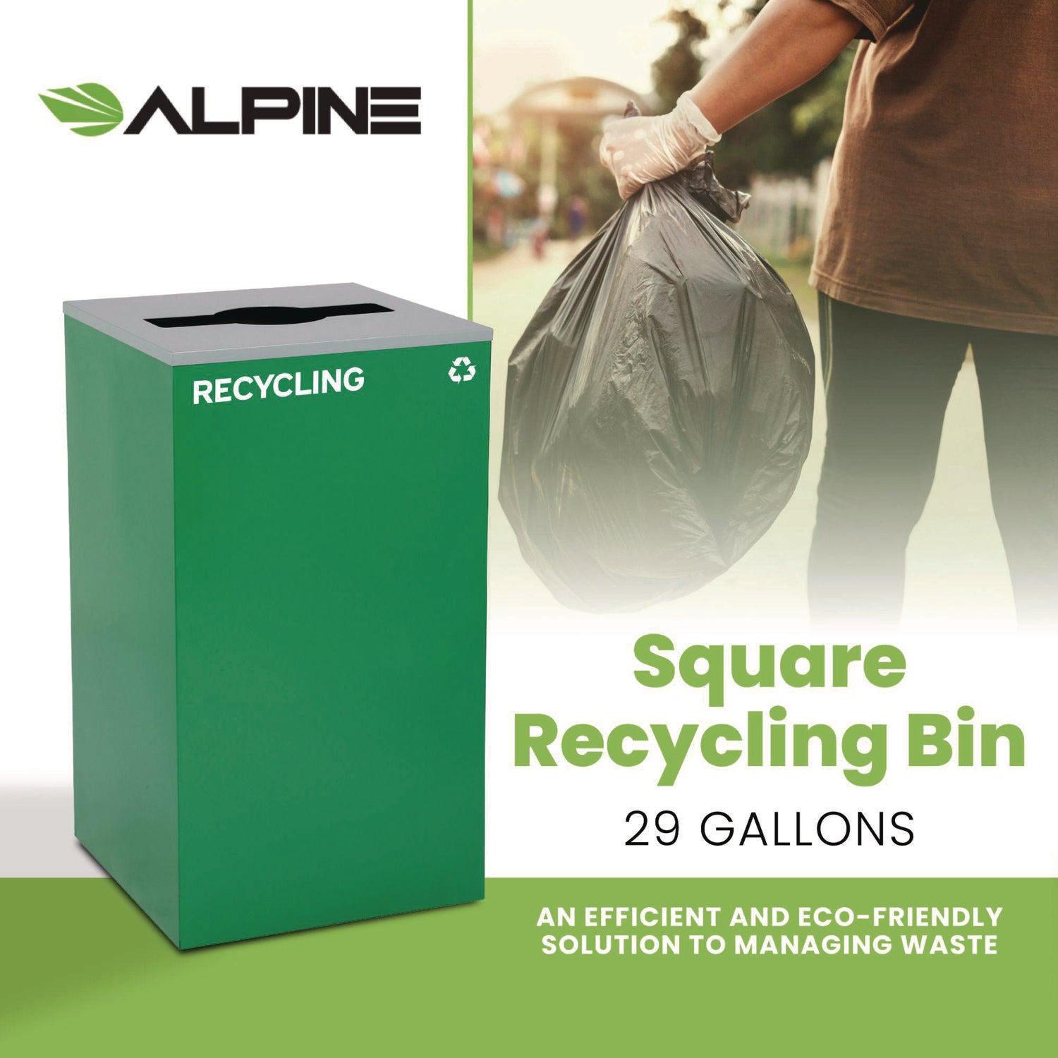 29 Gallon Trash/Recycling Cans, Steel, Green Recycling Can with Mixed Lid Alpine Industries Flipcost