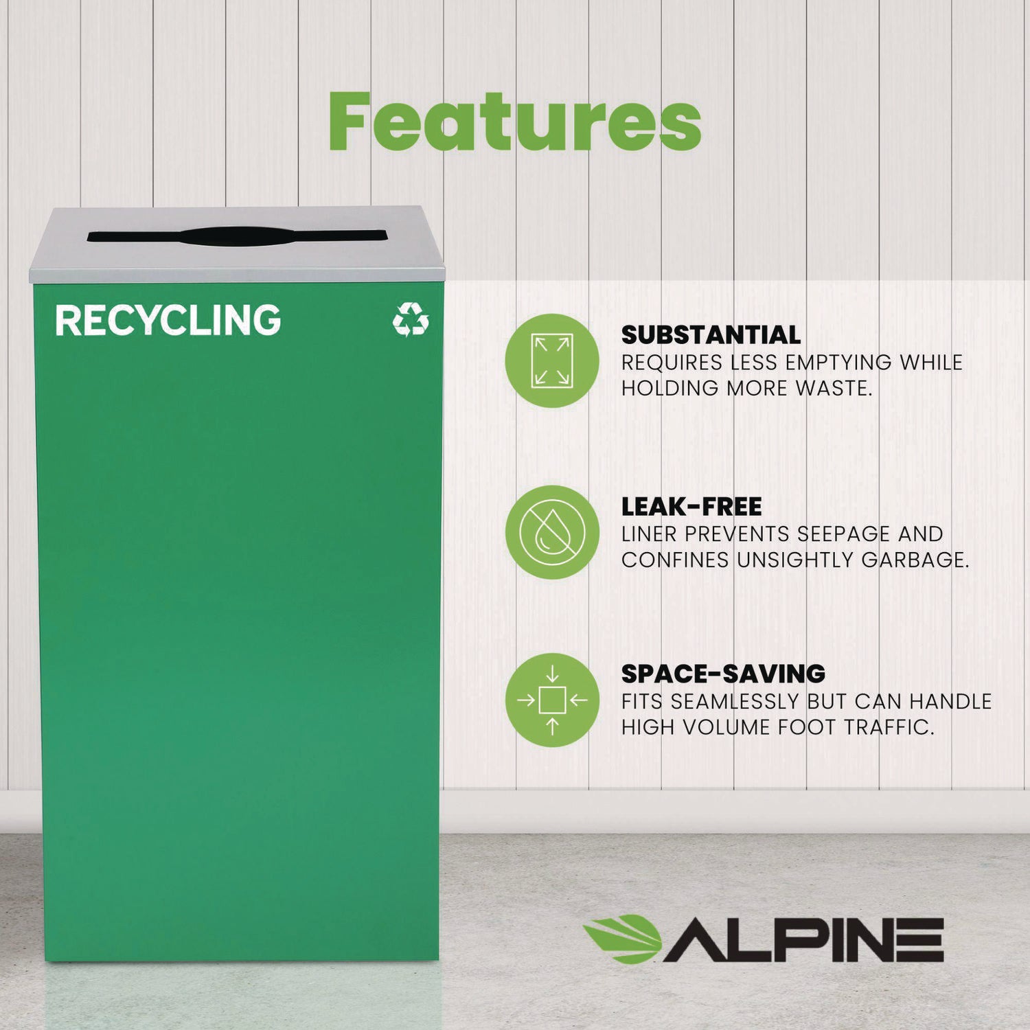 29 Gallon Trash/Recycling Cans, Steel, Green Recycling Can with Mixed Lid Alpine Industries Flipcost