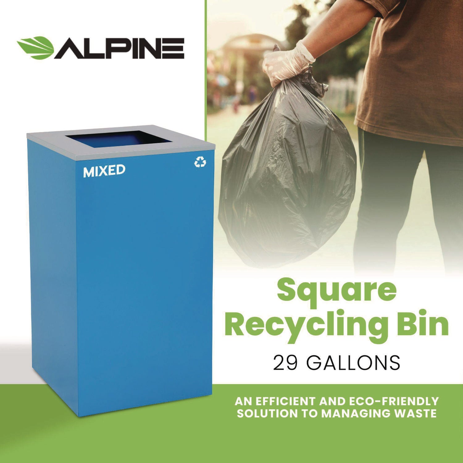 29 Gallon Trash/Recycling Cans, Steel, Blue Mixed Recycling Can with Square Lid Alpine Industries Flipcost