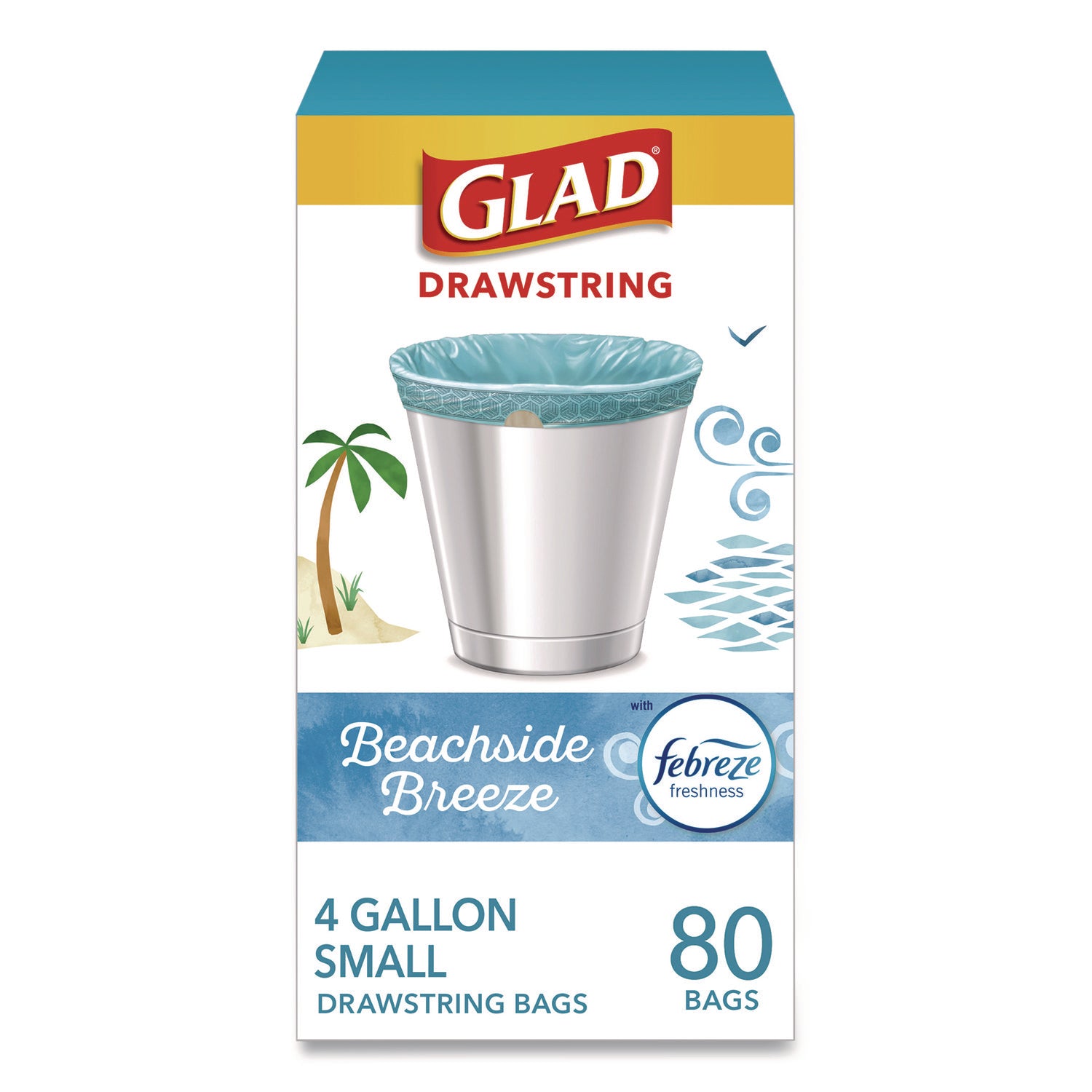 Glad® Small Kitchen Drawstring Trash Bags, 4 gal, Beachside Breeze Scent, 0.5 mil, 18" x 17", Blue, 80/Box