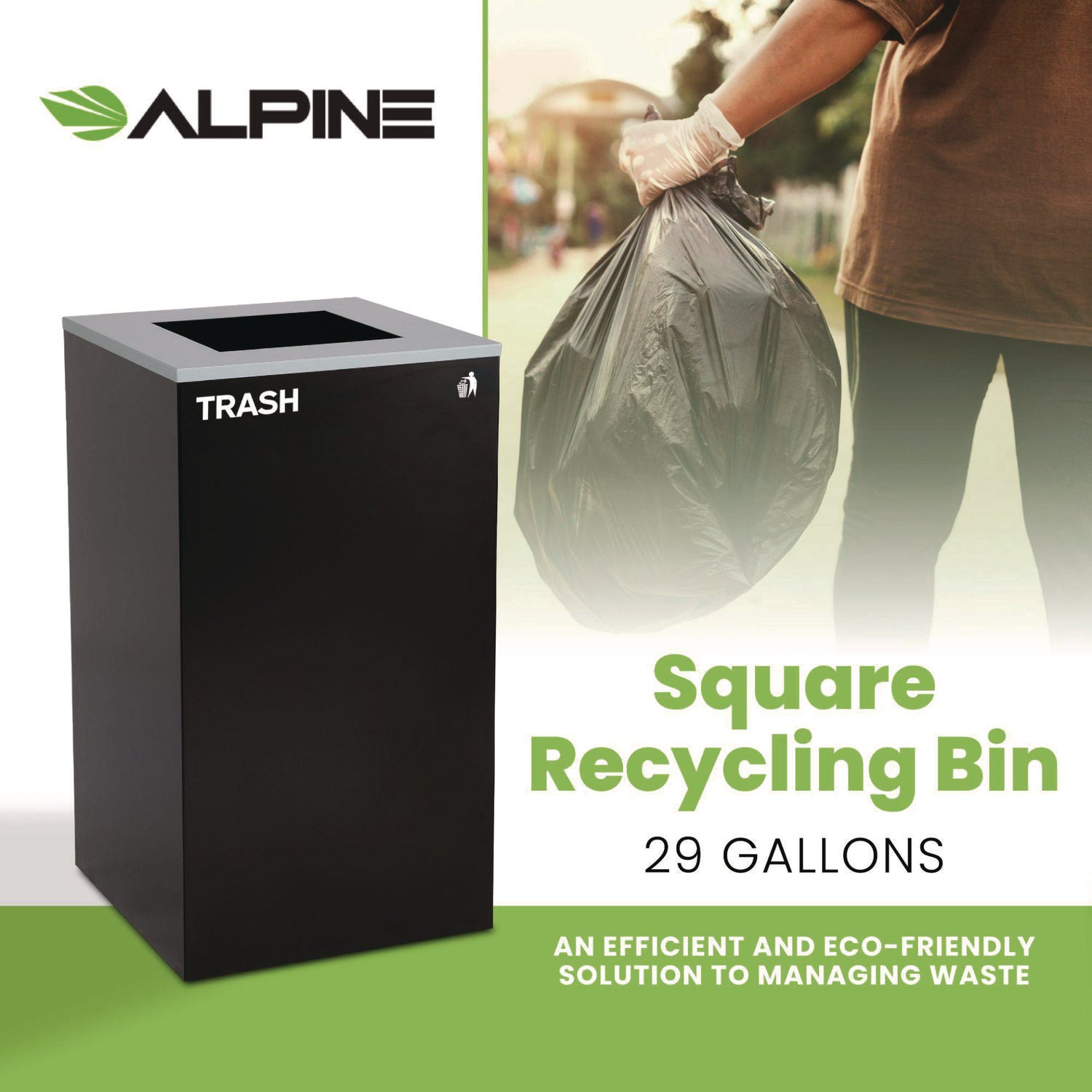 29 Gallon Trash/Recycling Cans, Steel, Black Trash Can with Square Lid Alpine Industries Flipcost