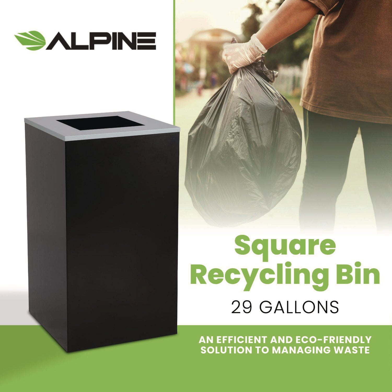 29 Gallon Trash/Recycling Cans, Steel, Black Can with Square Lid Alpine Industries Flipcost