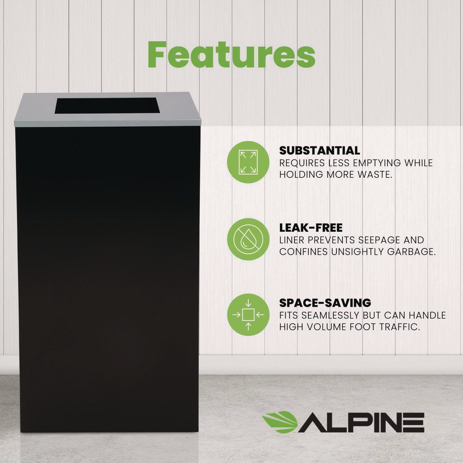 29 Gallon Trash/Recycling Cans, Steel, Black Can with Square Lid Alpine Industries Flipcost