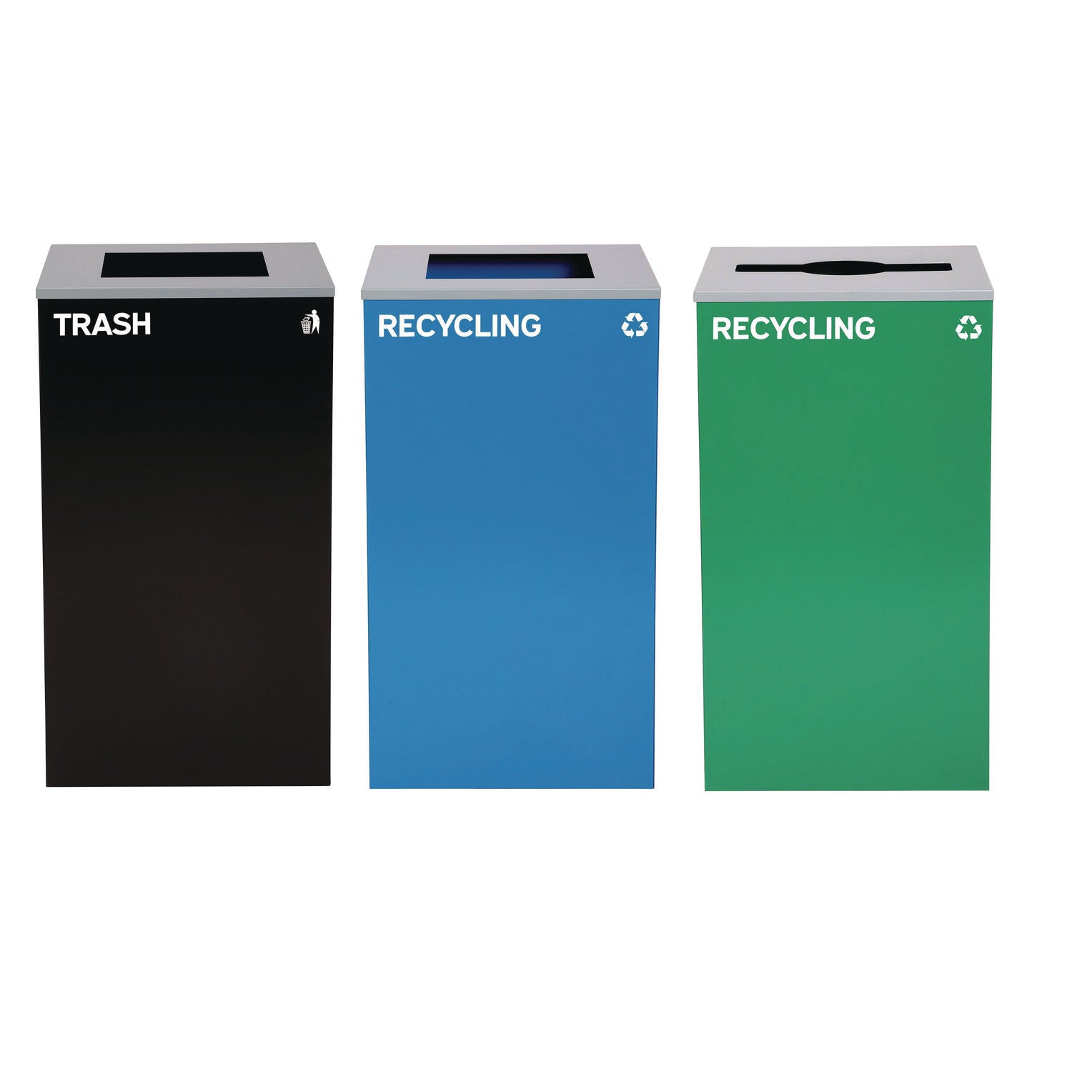 29 Gallon Trash/Recycling Cans, Steel, Blue Recycling Can and Black Trash Can w/Sq Lid, Green Recycling Can with Mixed Lid