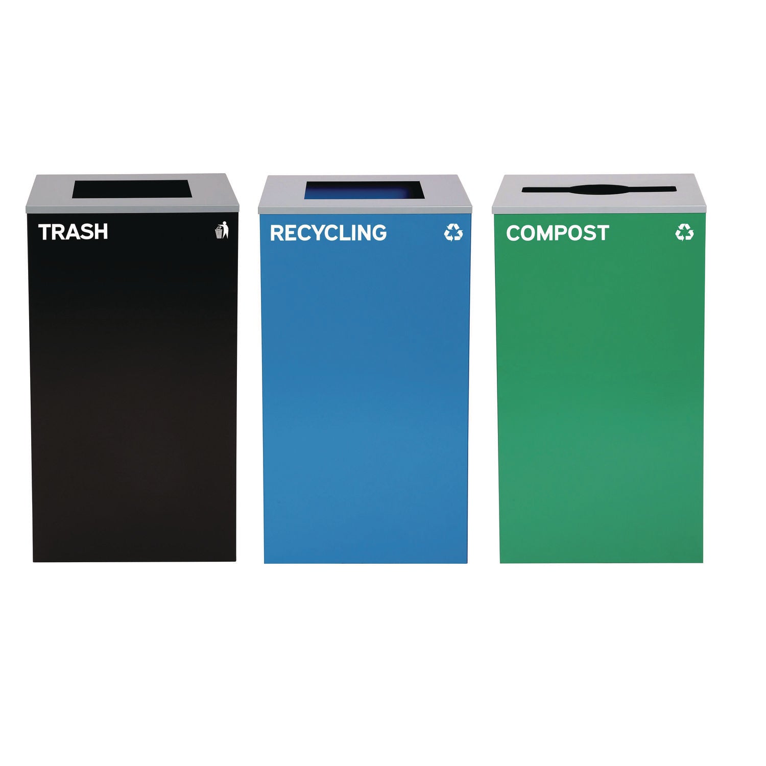 29 Gallon Trash/Recycling Cans, Steel, Blue Recycling Can and Black Trash Can w/Square Lids, Green Compost Can with Mixed Lid