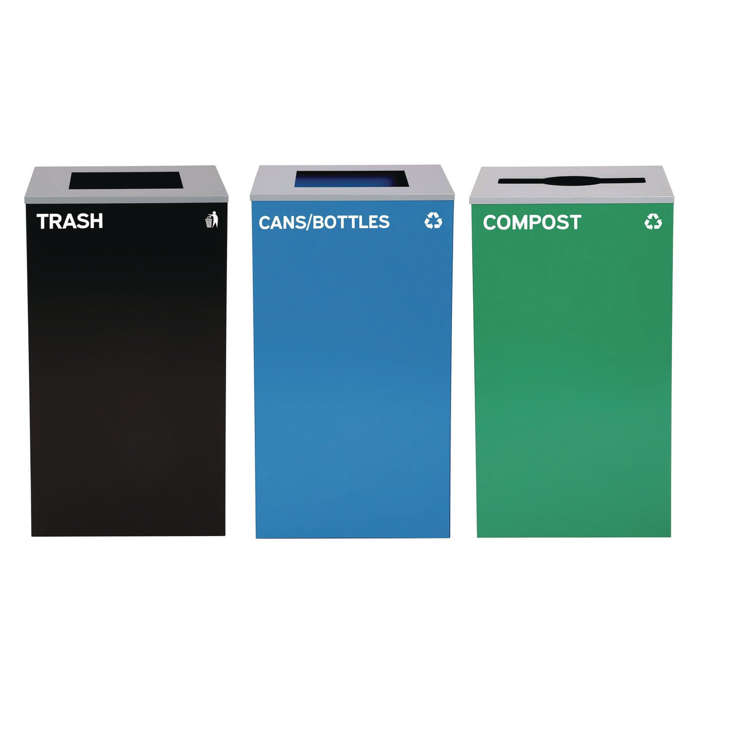 29 Gallon Trash/Recycling Cans, Steel, Blue Cans/Bottles Recycling and Black Trash Can w/Sq Lid, Green Compost Can Mixed Lid