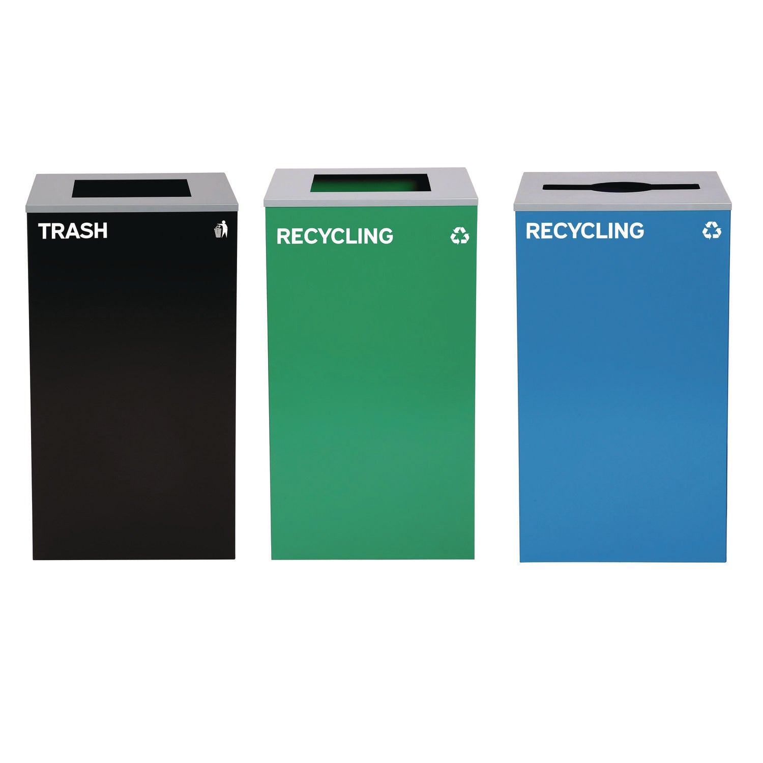 29 Gallon Trash/Recycling Cans, Steel, Blue Recycling Can w/Mixed Lid, Green Recycling Can and Black Trash Can with Sq Lid