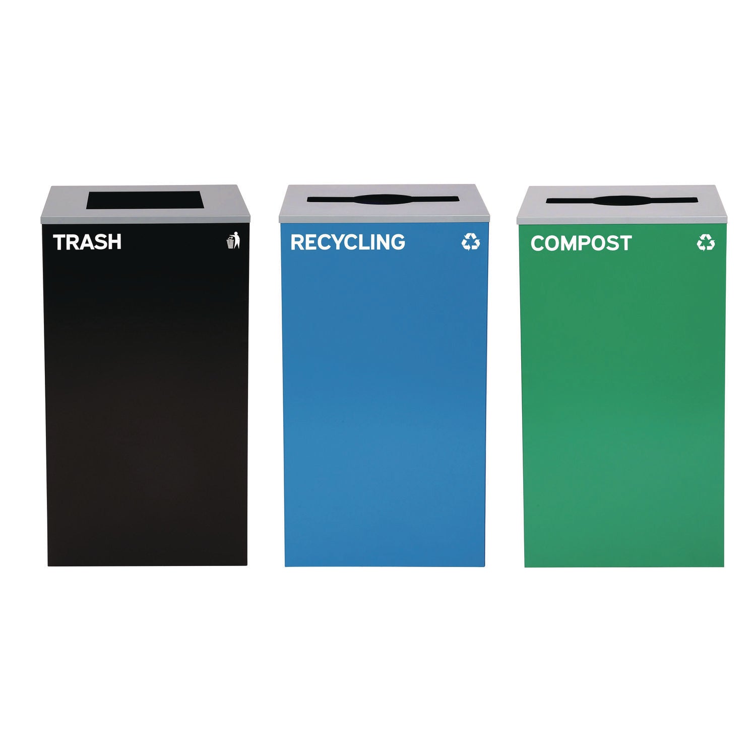 29 Gallon Trash/Recycling Cans, Steel, Blue Recycling Can and Green Compost Can w/Mixed Lids, Black Trash Can with Square Lid