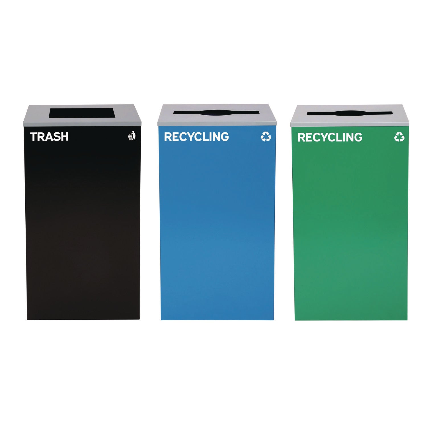 29 Gallon Trash/Recycling Cans, Steel, Blue Recycling Can and Green Recycling Can w/Mixed Lids, Black Trash Can w/Square Lid