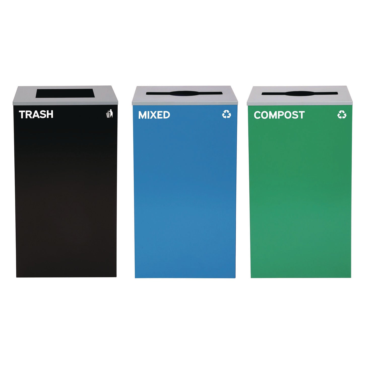 29 Gallon Trash/Recycling Cans, Steel, Blue Mixed Recycling and Green Compost Cans w/Mixed Lids, Black Trash Can w/Square Lid