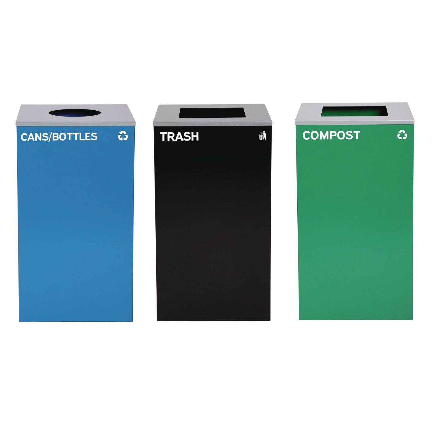 29 Gallon Trash/Recycling Cans, Steel, Blue Cans/Bottles with Circle Lid, Green Compost and Black Trash Cans with Square Lids