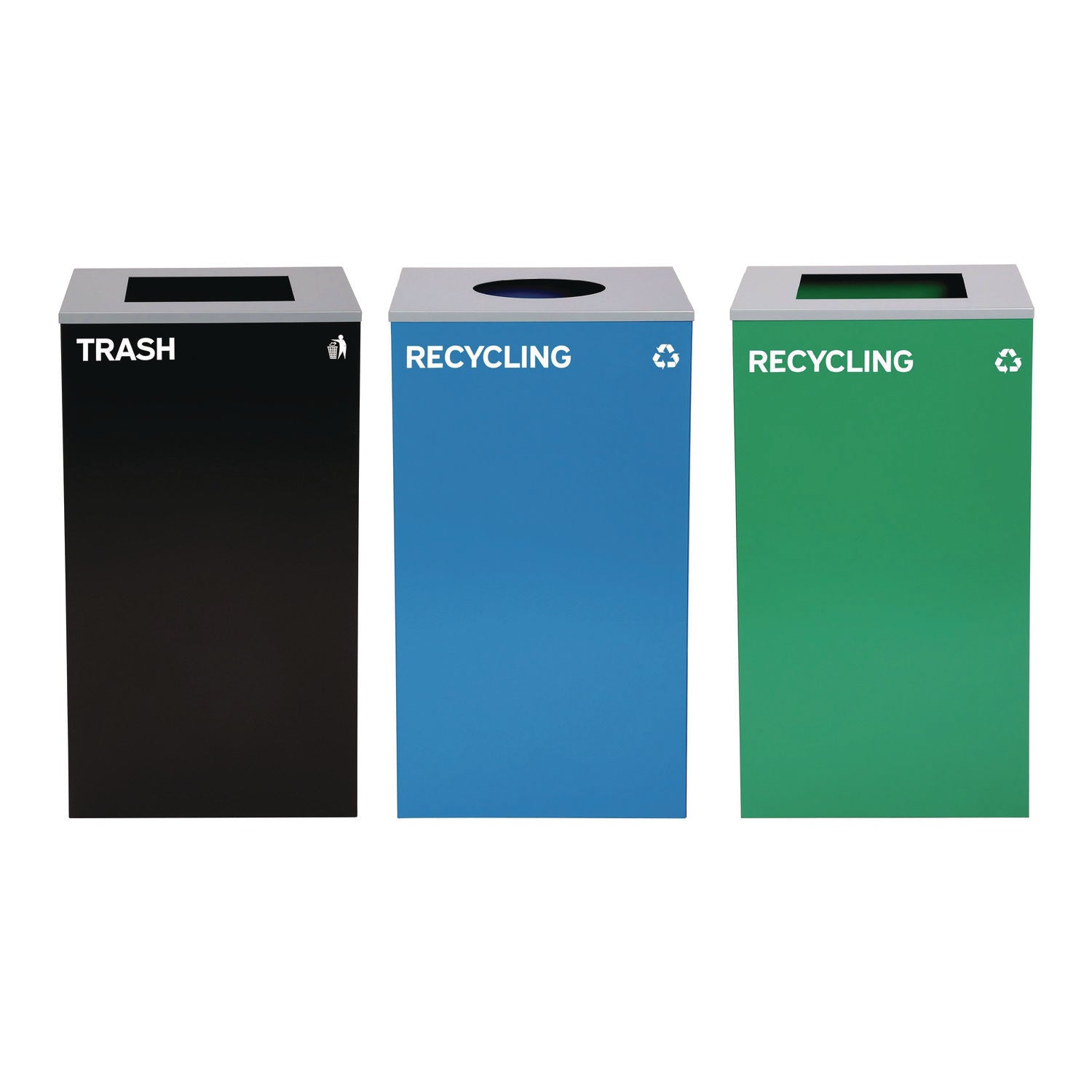 29 Gallon Trash/Recycling Cans, Steel, Blue Recycling Can w/Circle Lid, Green Recycling Can and Black Trash Can w/Square Lids