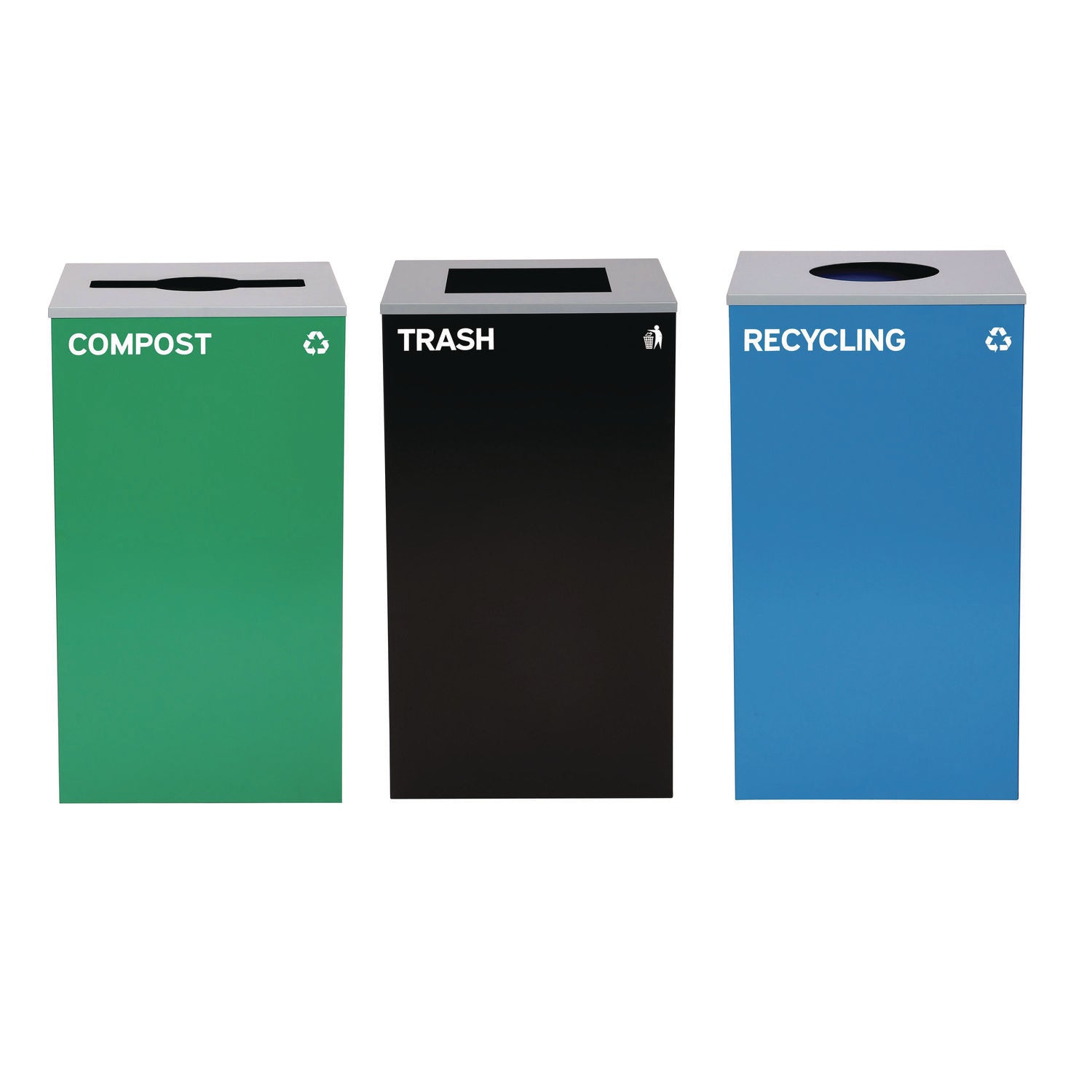 29 Gallon Trash/Recycling Cans, Steel, Blue Recycling Can w/Circle Lid, Green Compost w/Mixed Lid, Black Trash w/Square Lid