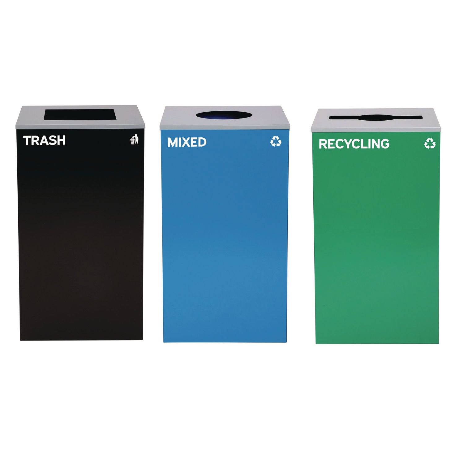 29 Gallon Trash/Recycling Cans, Steel, Blue Mixed Recycling w/Circle Lid, Green Recycling w/Mixed Lid, Black Trash w/Sq Lid