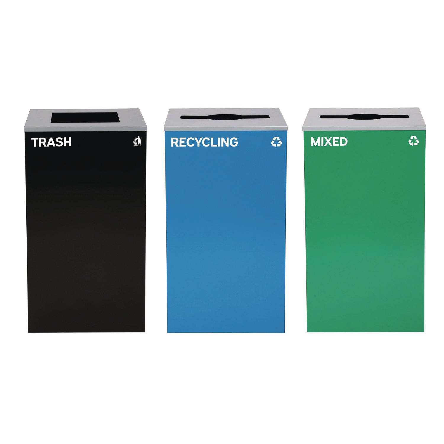 29 Gallon Trash/Recycling Cans, Steel, Blue Recycling and Green Mixed Recycling Can w/Mixed Lids, Black Trash Can w/Sq Lid