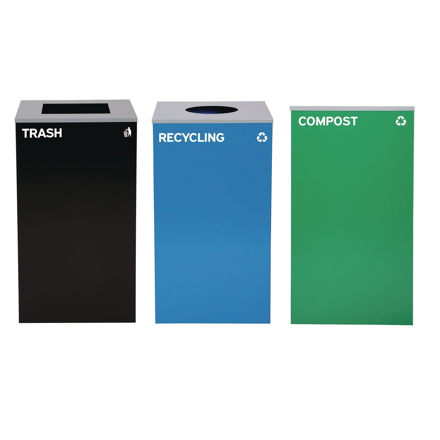 29 Gallon Trash/Recycling Cans, Steel, Blue Recycling Can w/Circle Lid, Green Compost Can and Black Trash Can w/Square Lids