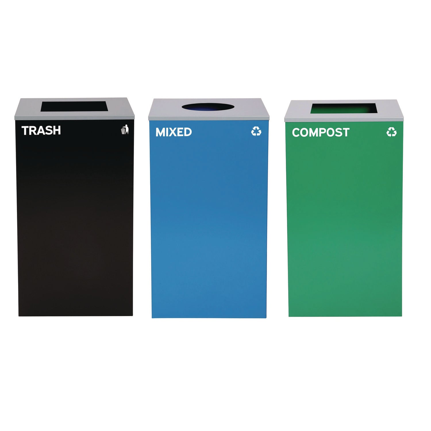 29 Gallon Trash/Recycling Cans, Steel, Blue Mixed Recycling Can w/Circle Lid, Green Compost and Black Trash Cans w/Sq Lids