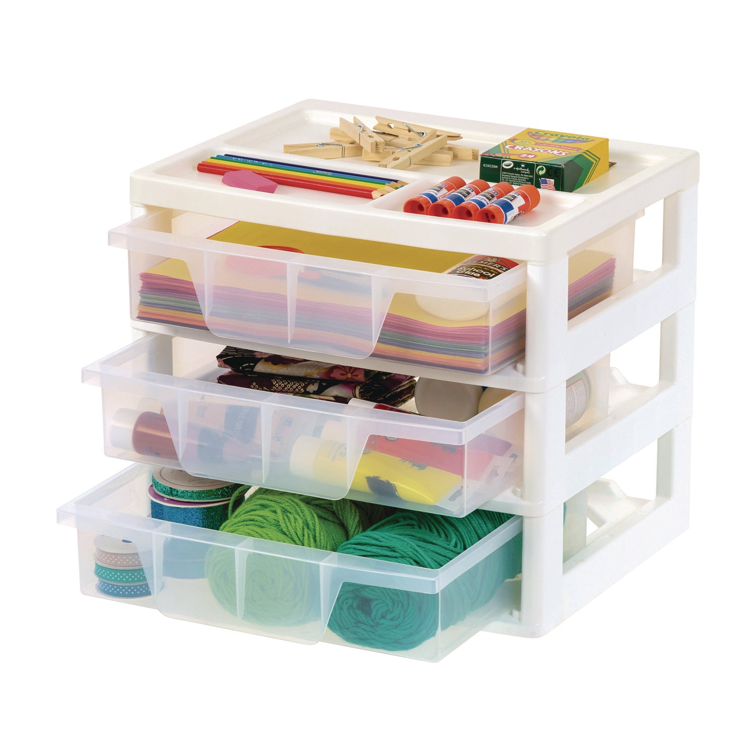 IRIS 3-Drawer Desktop Storage, Plastic, 14.6 x 12.31 x 12.75, White/Clear