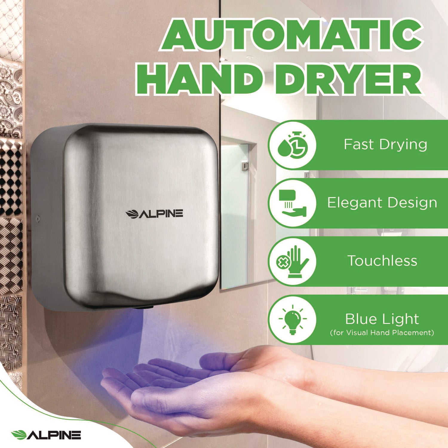 Hemlock Commercial 220V Automatic Hand Dryer, 6.68 x 11.41 x 12.31, Stainless Steel, Silver Alpine Industries Flipcost