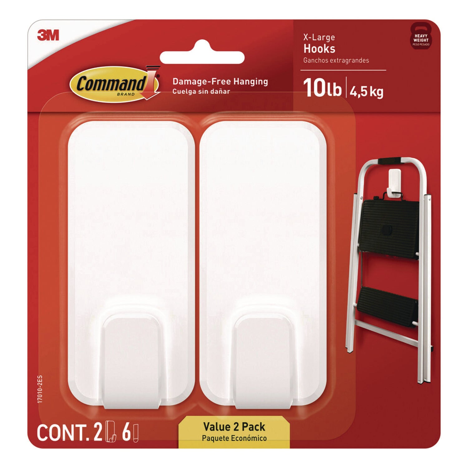 Command™ X-Large Utility Hooks, Plastic, White, 10 lb Capacity, 2 Hooks and 6 Strips/Pack