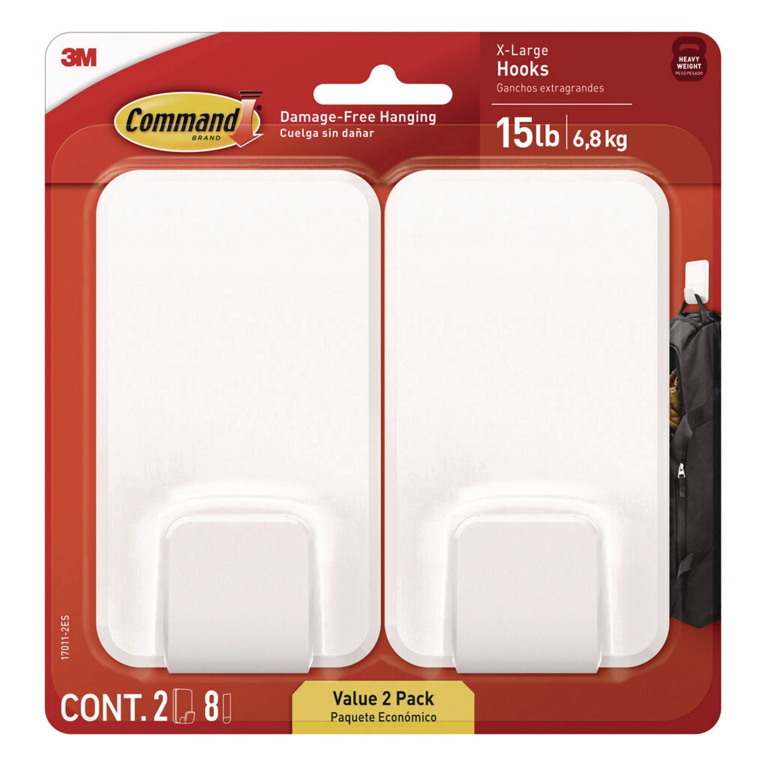 Command™ X-large Utility Hooks, Plastic, White, 15 lb Capacity, 2 Hooks and 8 Strips/Pack